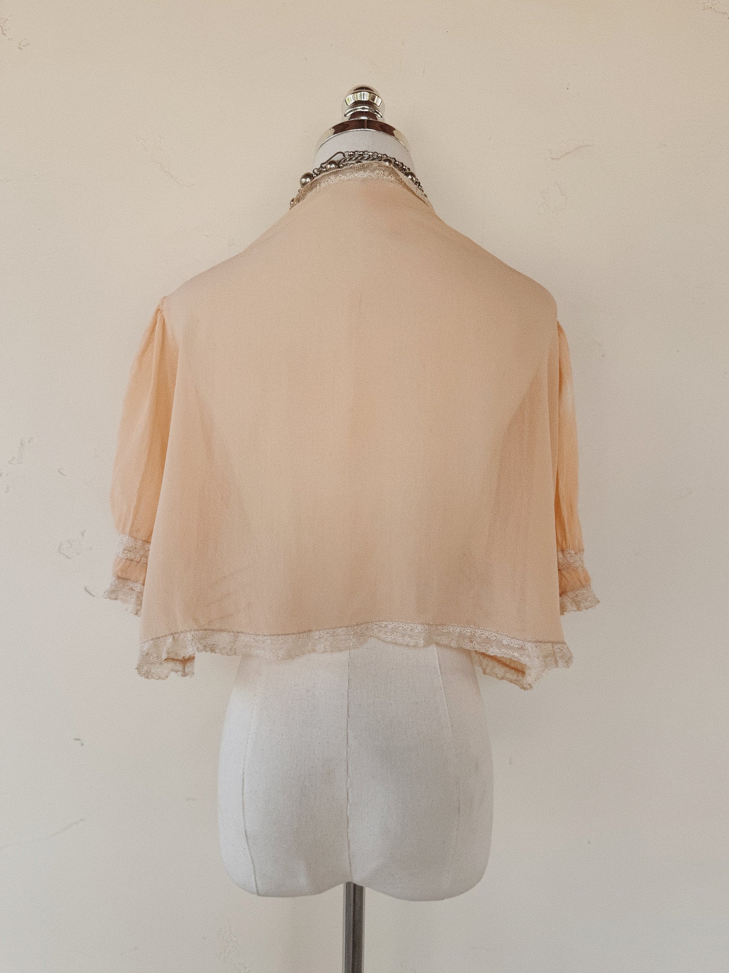1930s Blossom Pink Silk Chiffon Bed Jacket w/ Lace Trim- S-M/L
