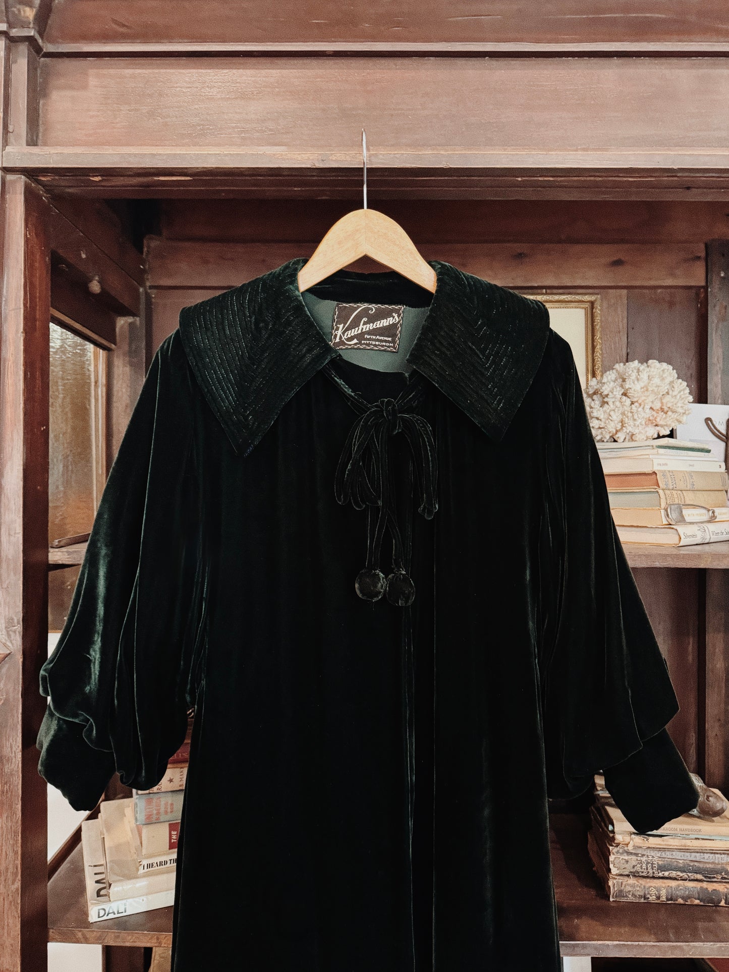 1930s/40s Emerald Green Velvet Deco Duster Coat w/ Bon Bons- S/M