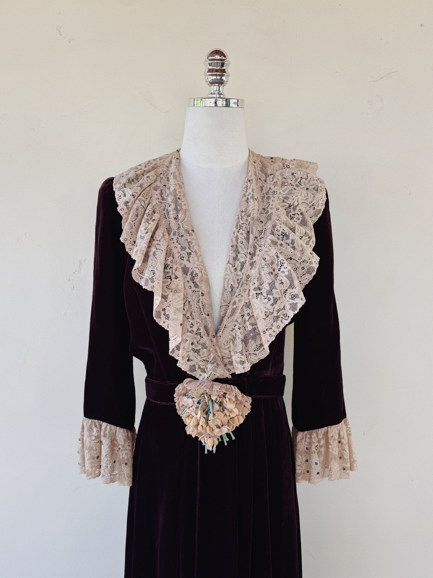 1930s/40s Aubergine Velvet + French Lace Dress w/ Rhinestones- S/M