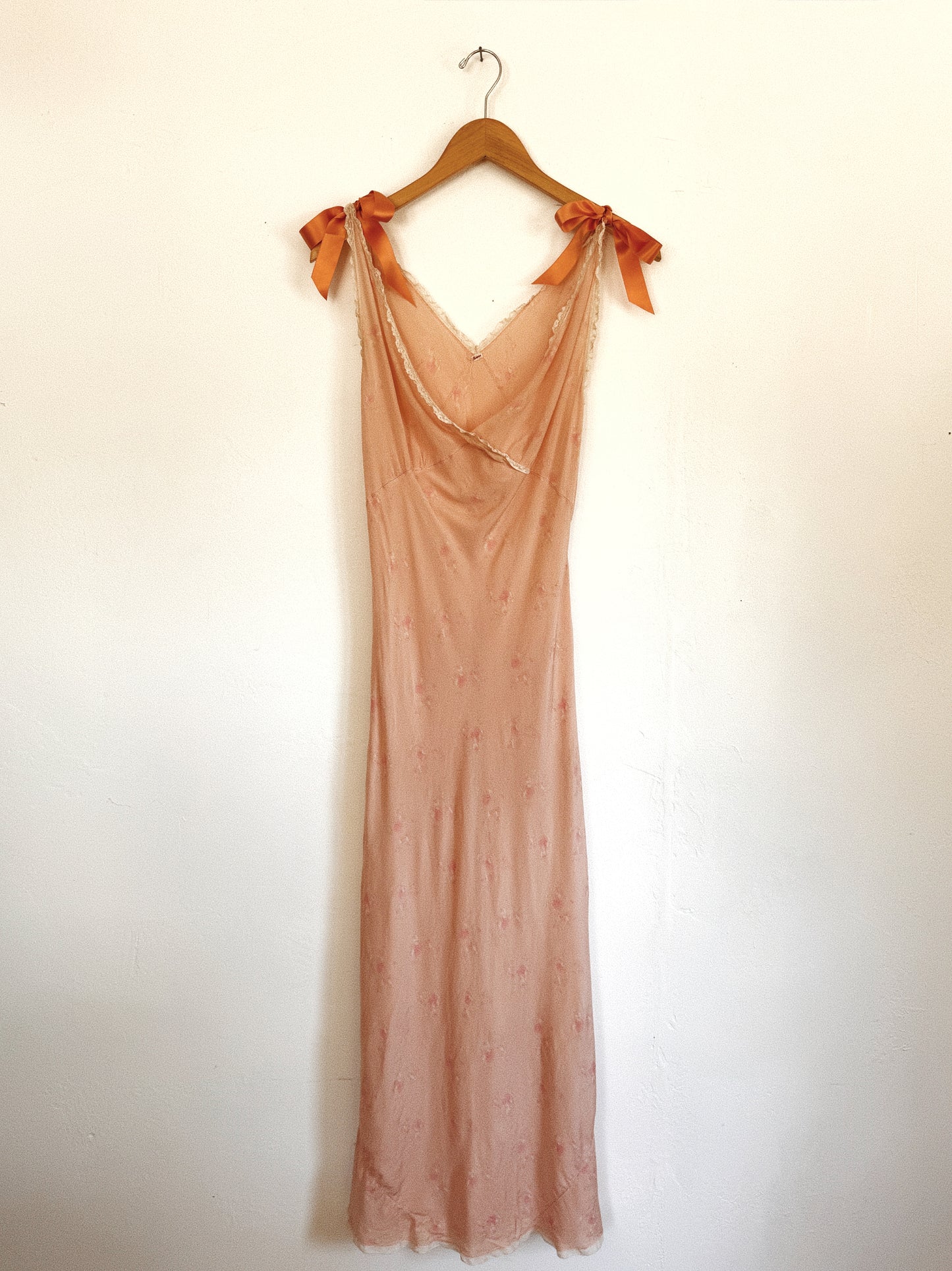1930s Pink Floral Silk Slip Dress w/ Salmon Bow Straps- S/M-M