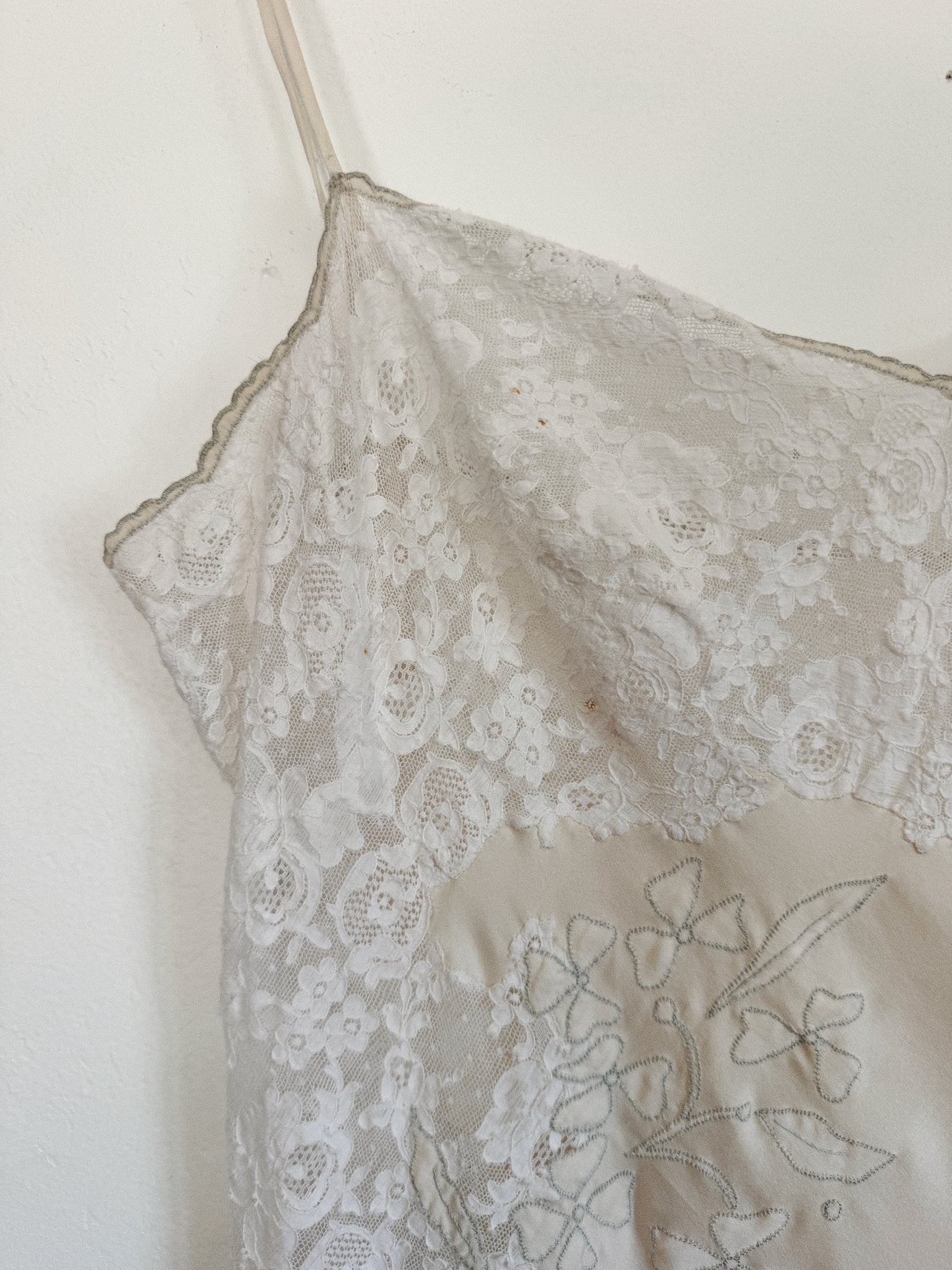 1940s/50s Ultra Pure White Lace + Silk Slip Dress w/ Pale Blue Flowers- S-M