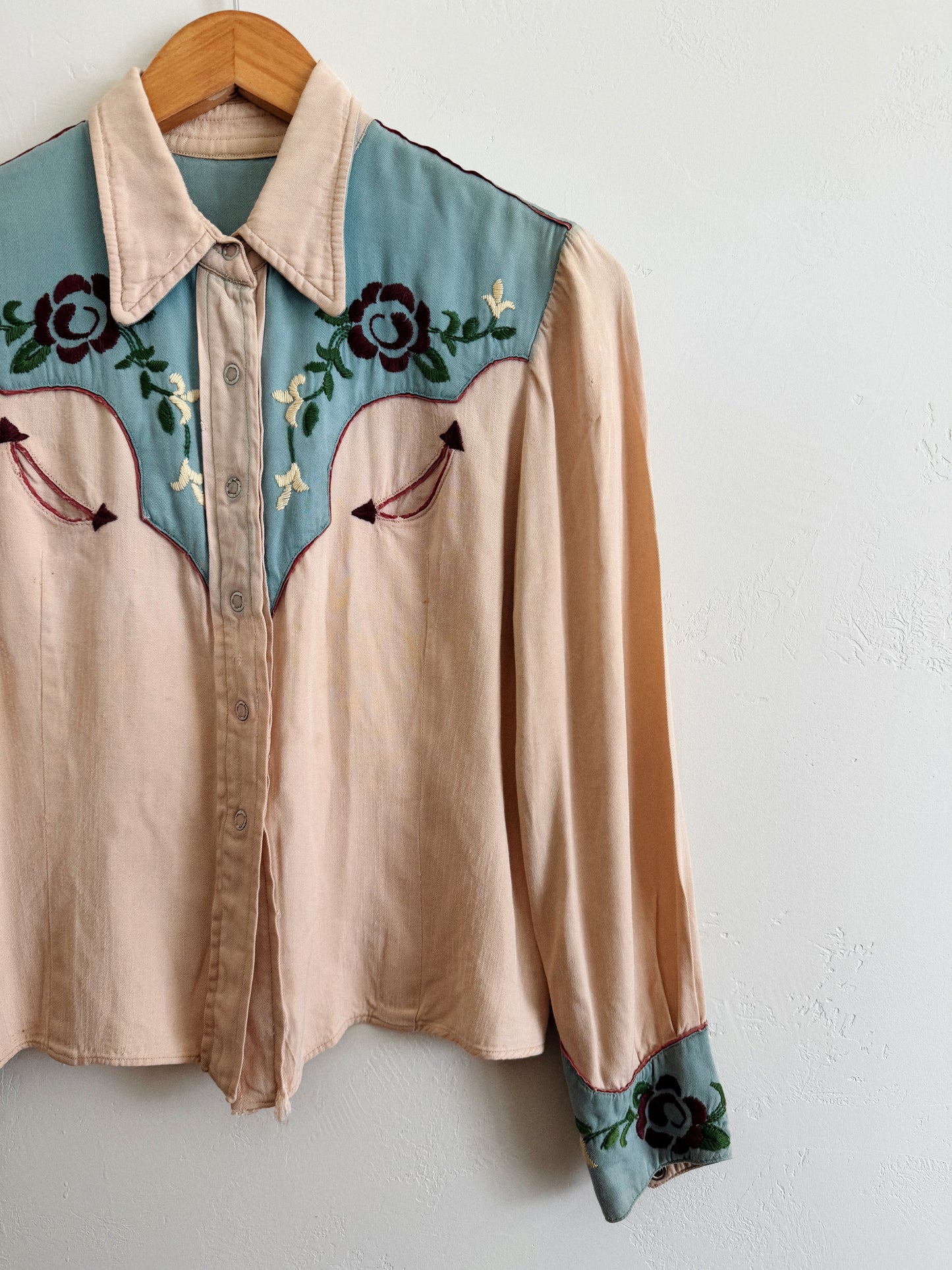 1950s Sky Blue + Purple Embroidered Western Blouse- S/M