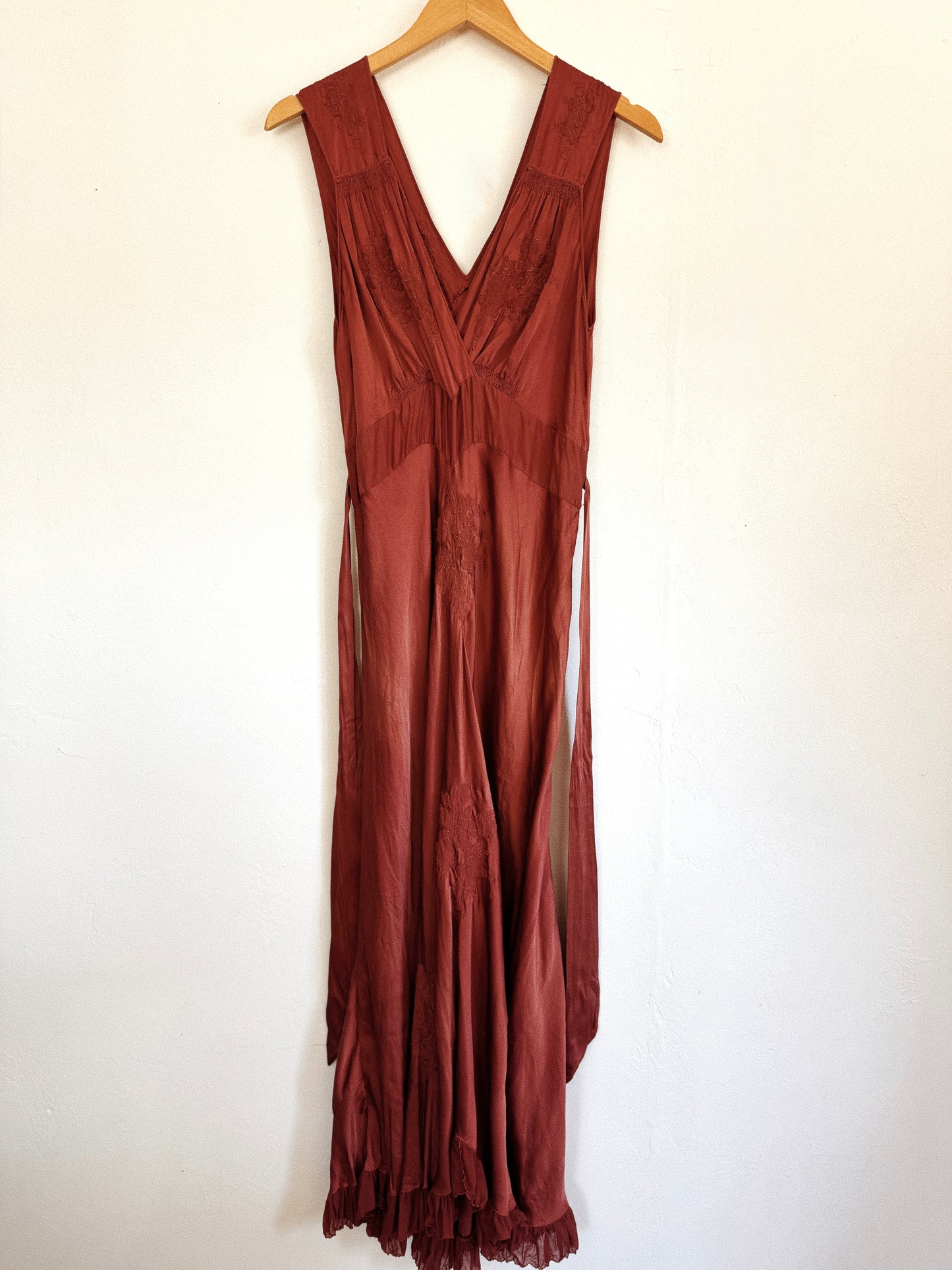 1930s Cocoa Silk Gown w/ Floral Embroidery- S-M