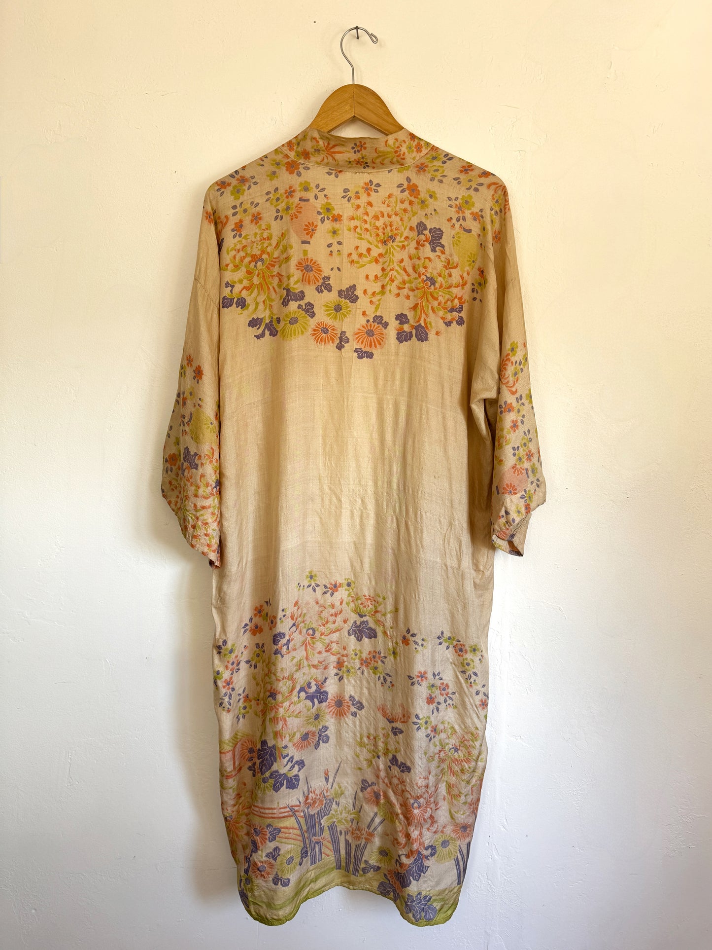 1920s Chartreuse + Periwinkle Pongee Silk Duster Robe