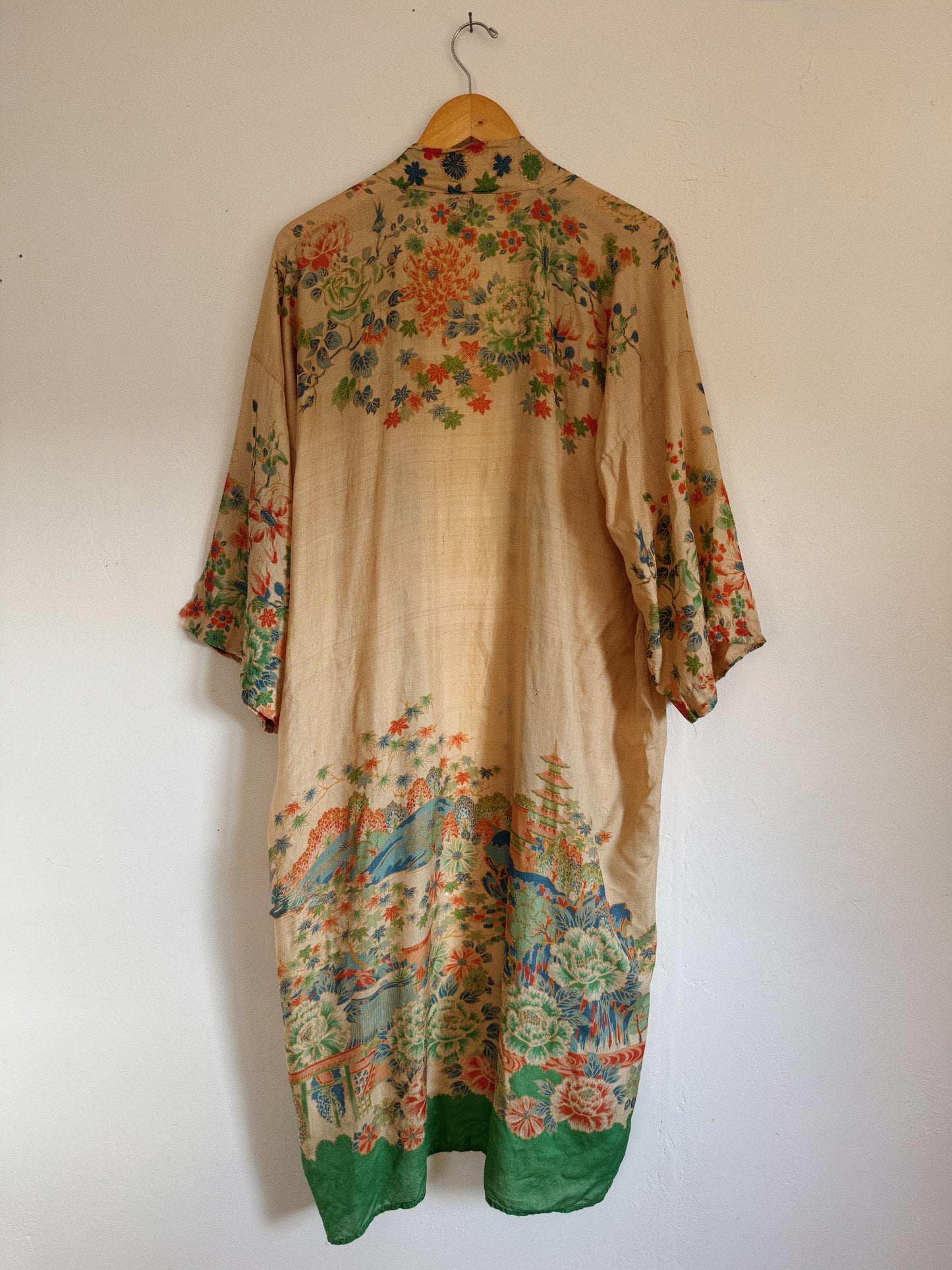 1920s Green Printed Pongee Silk Duster Robe