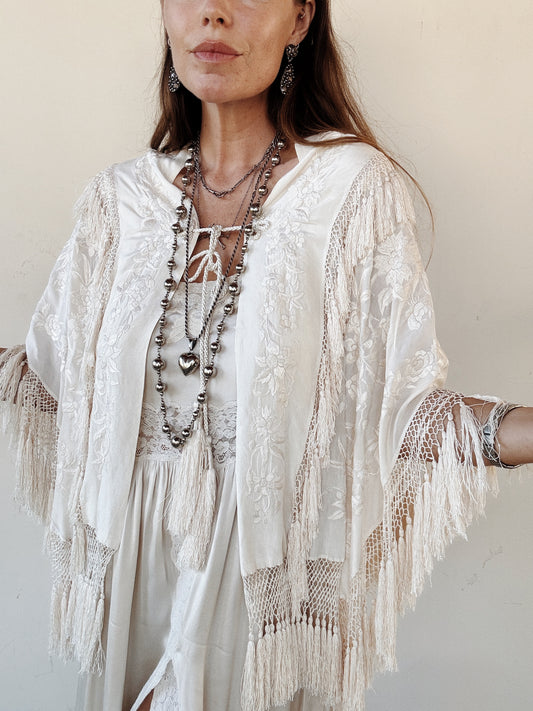 1920s Ivory Cantonese Silk Embroidered Shawl w/ Fringe + Tassels- S-M/L