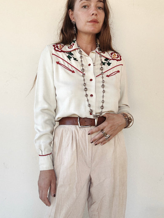 1940s Ivory Western Floral Chain Stitched Blouse- S/M