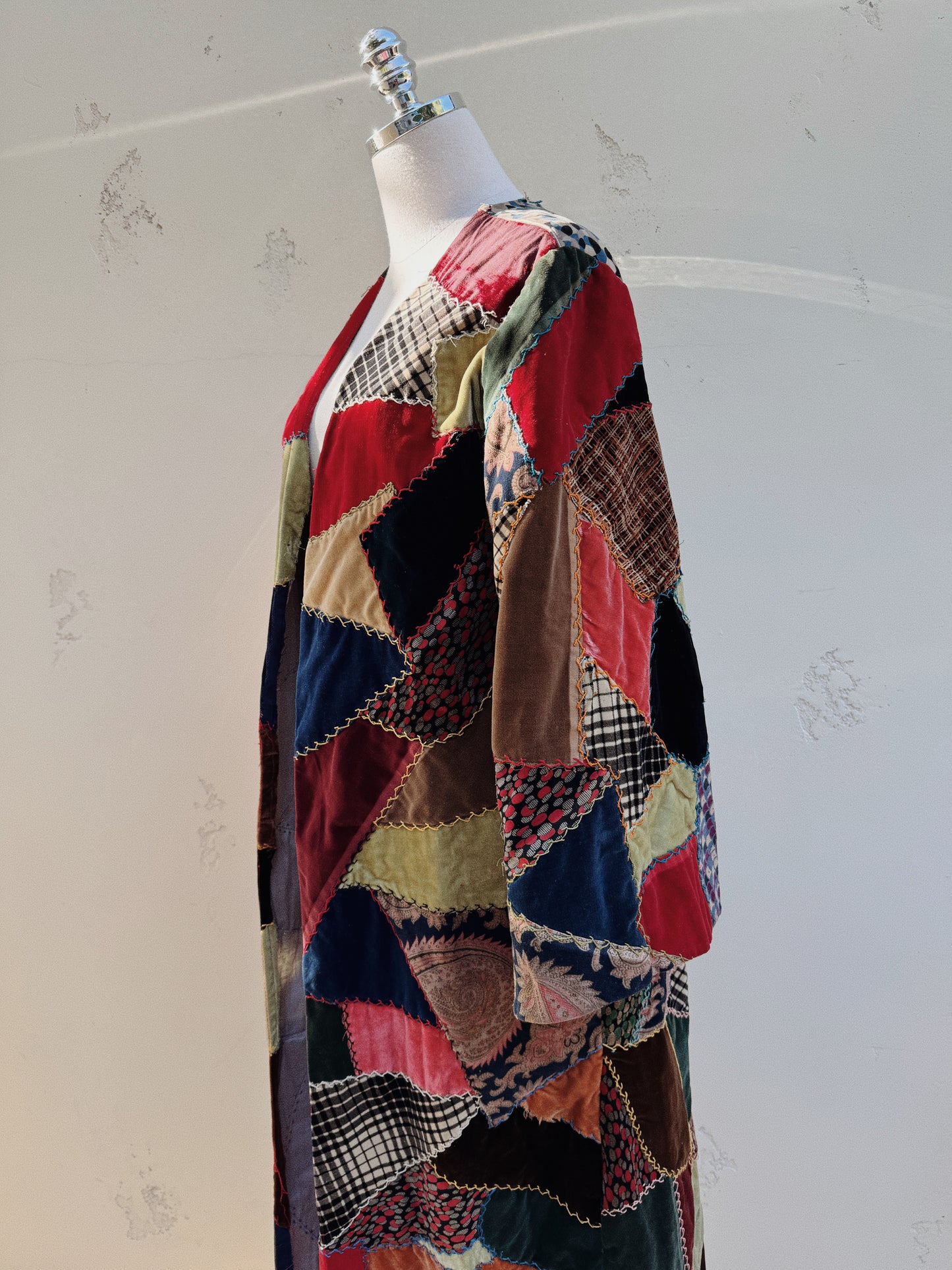 1930s/40s Velvet Crazy Quilt Patched Duster Coat