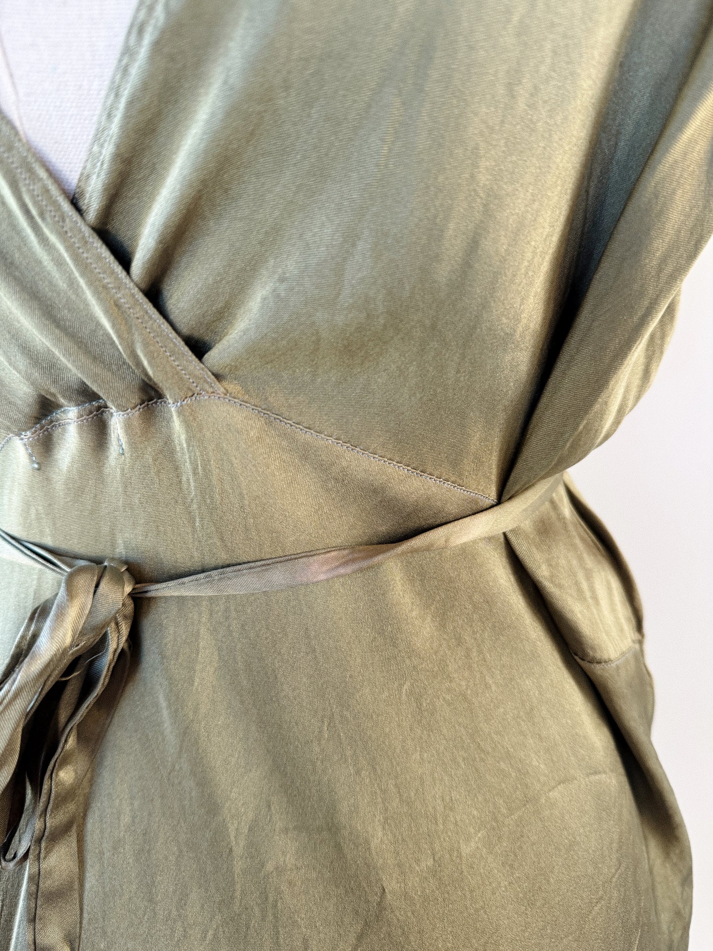 1930s Moss Green Silk Satin Slip Dress w/ Fishtail Hem- S/M-M