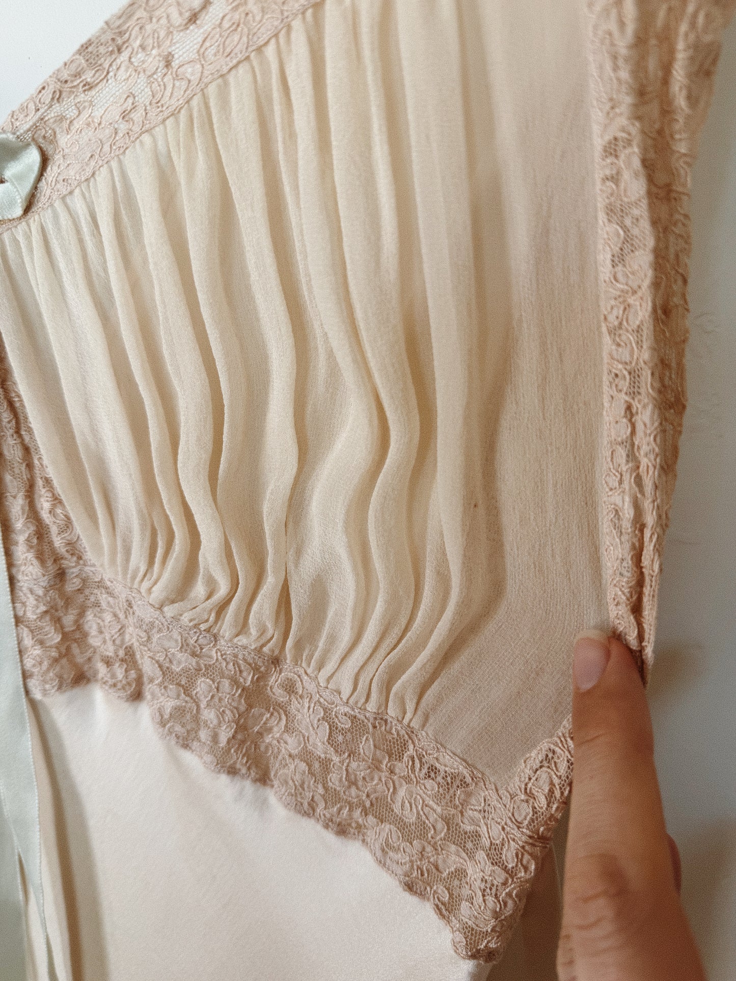 1930s Ivory Silk + Chiffon Slip Dress w/ Pale Blue Bow- XS-S