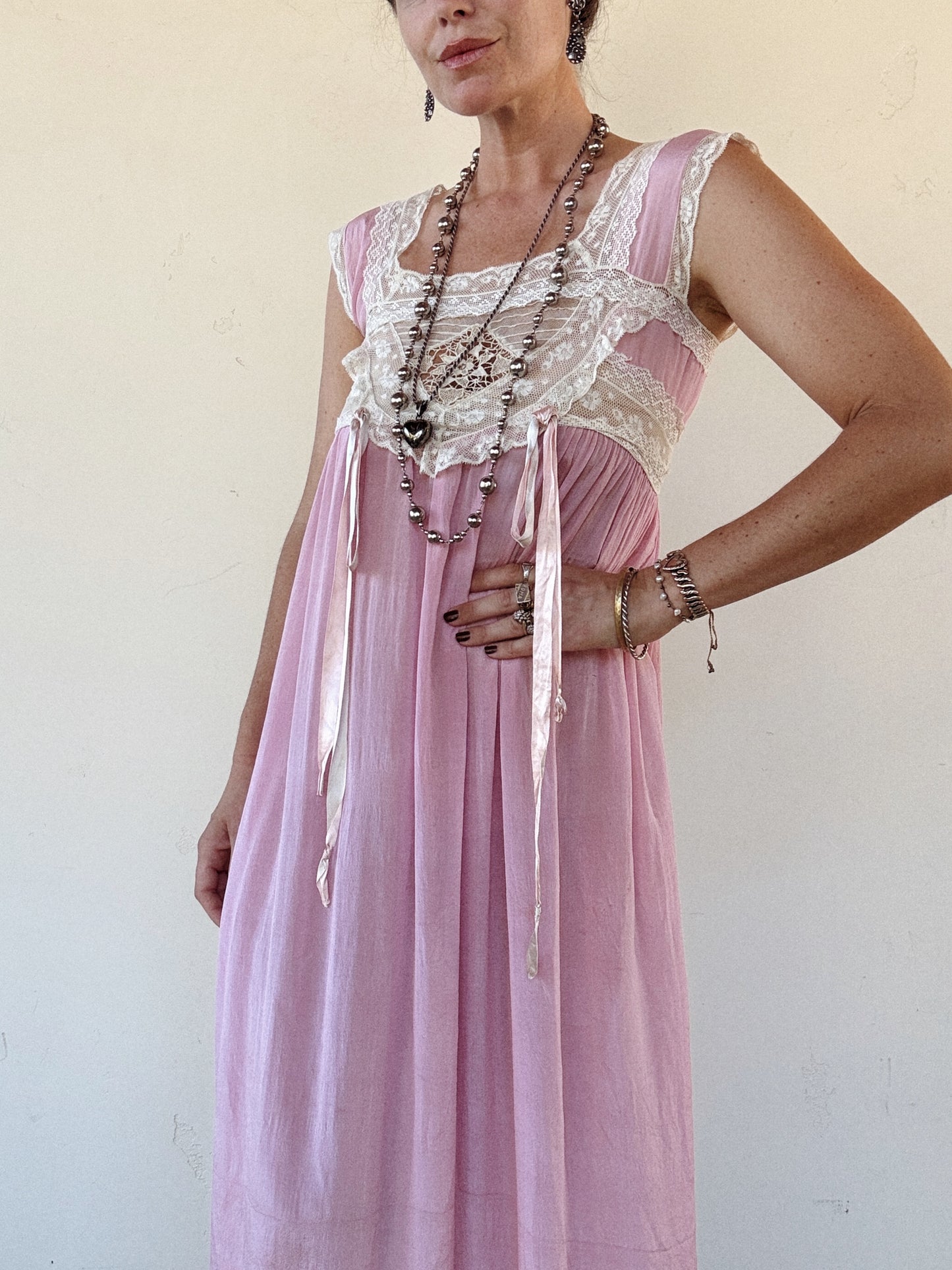 Edwardian Lavender Silk + Lace Nightgown Dress- S/M