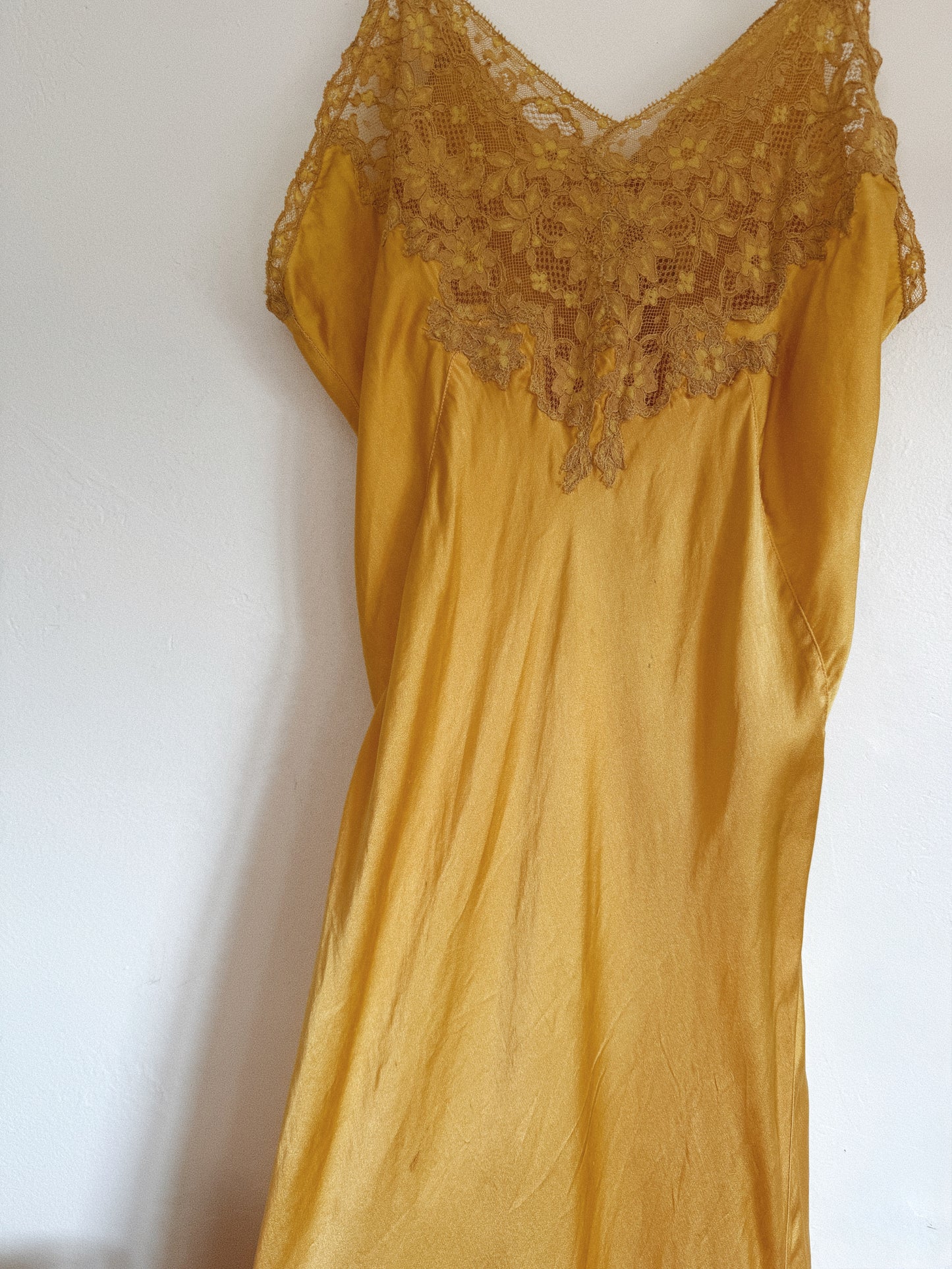 1940s Marigold Silk + Lace Spaghetti Strap Slip Dress- S/M-M