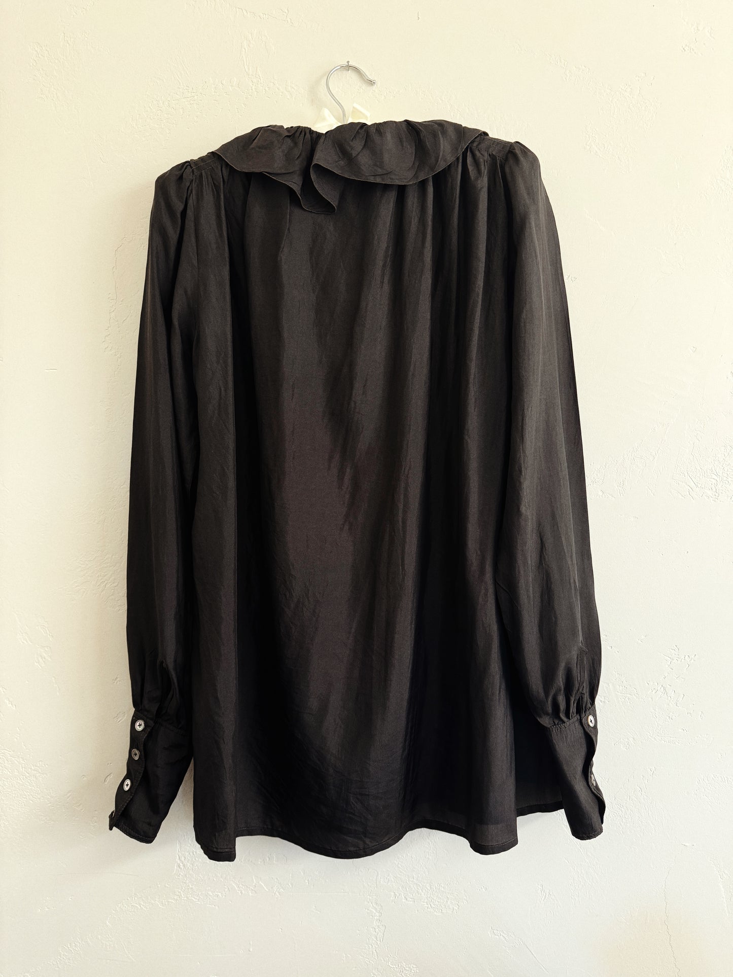 1970s Zandra Rhodes Black Silk Ruffled Tunic Blouse- S-S/M