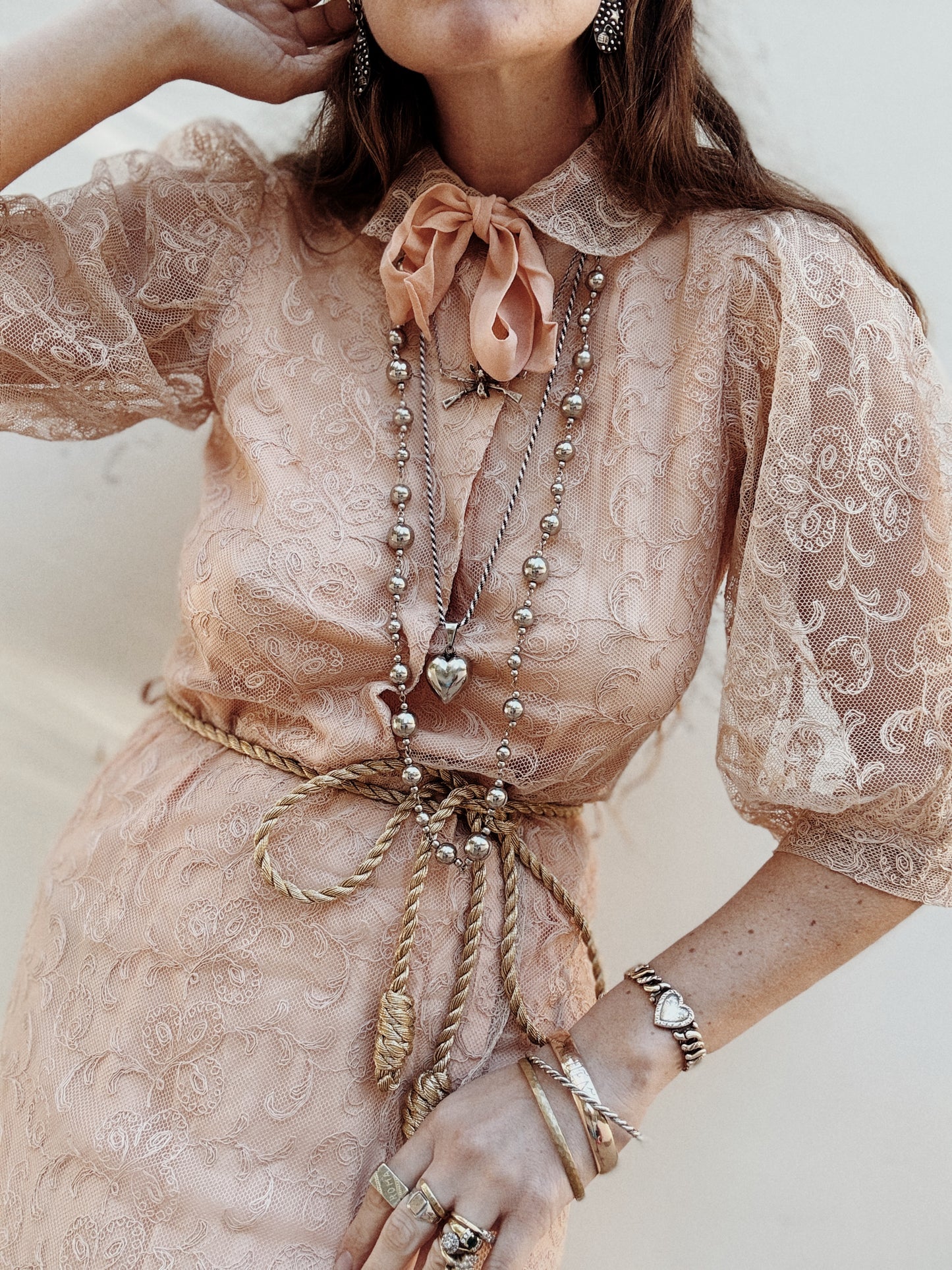 1930s Champagne + Pink Lace Dress w/ Puffed Shoulders- S/M-M