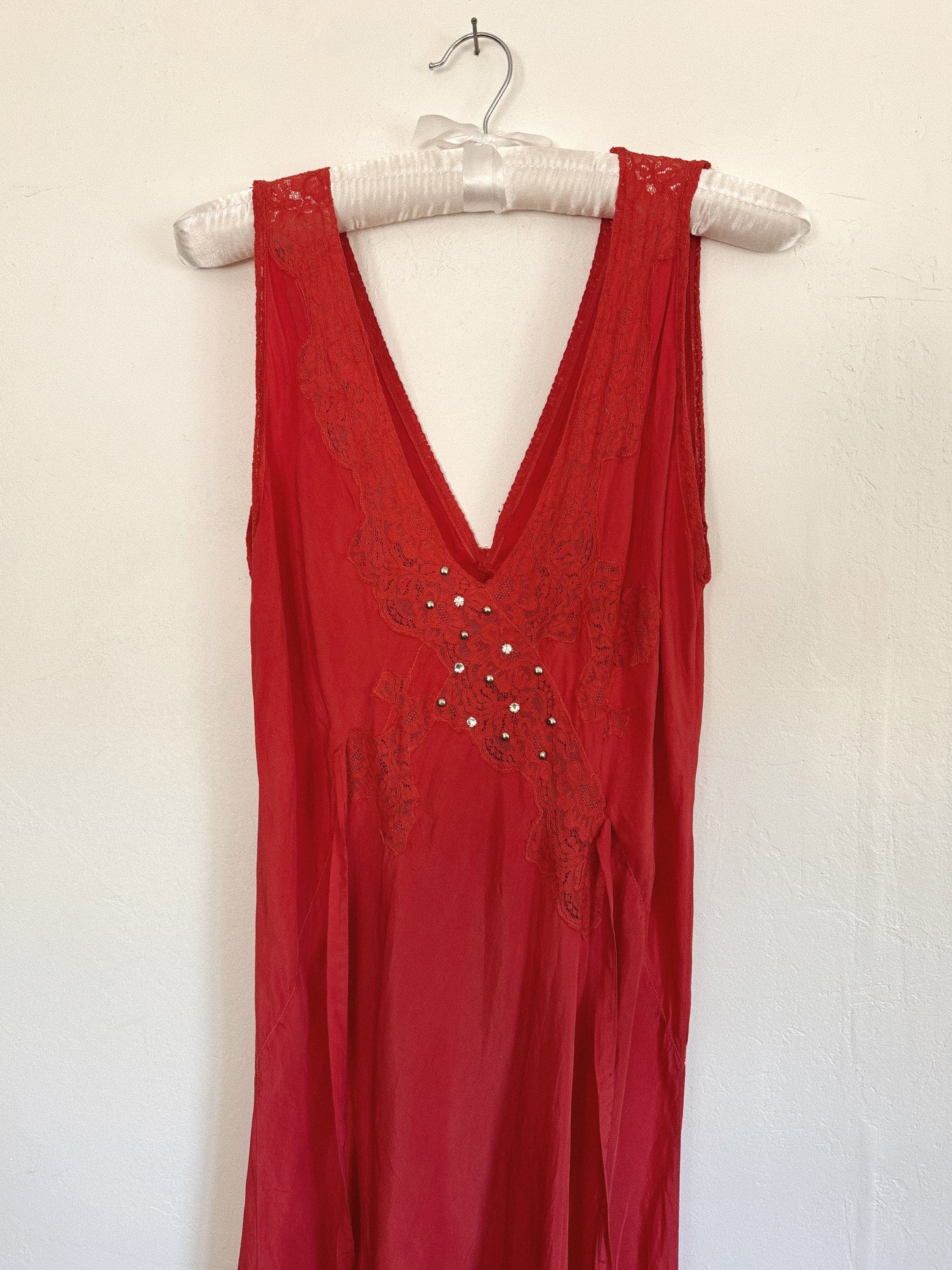 1930s Negroni Red Embellished Silk + Lace Slip Dress- S/M-M