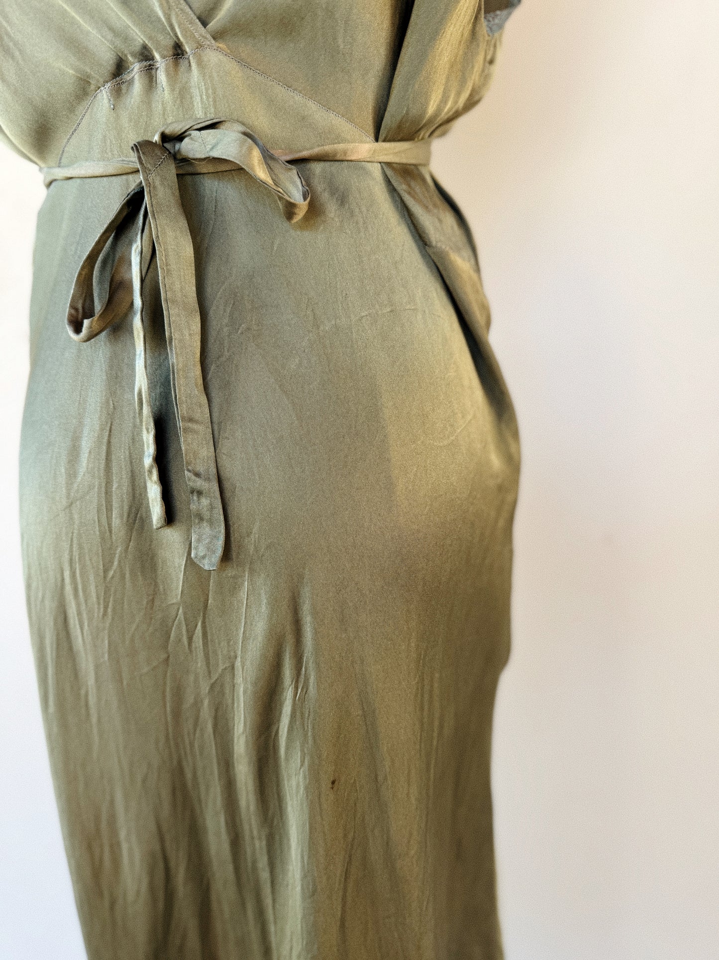 1930s Moss Green Silk Satin Slip Dress w/ Fishtail Hem- S/M-M