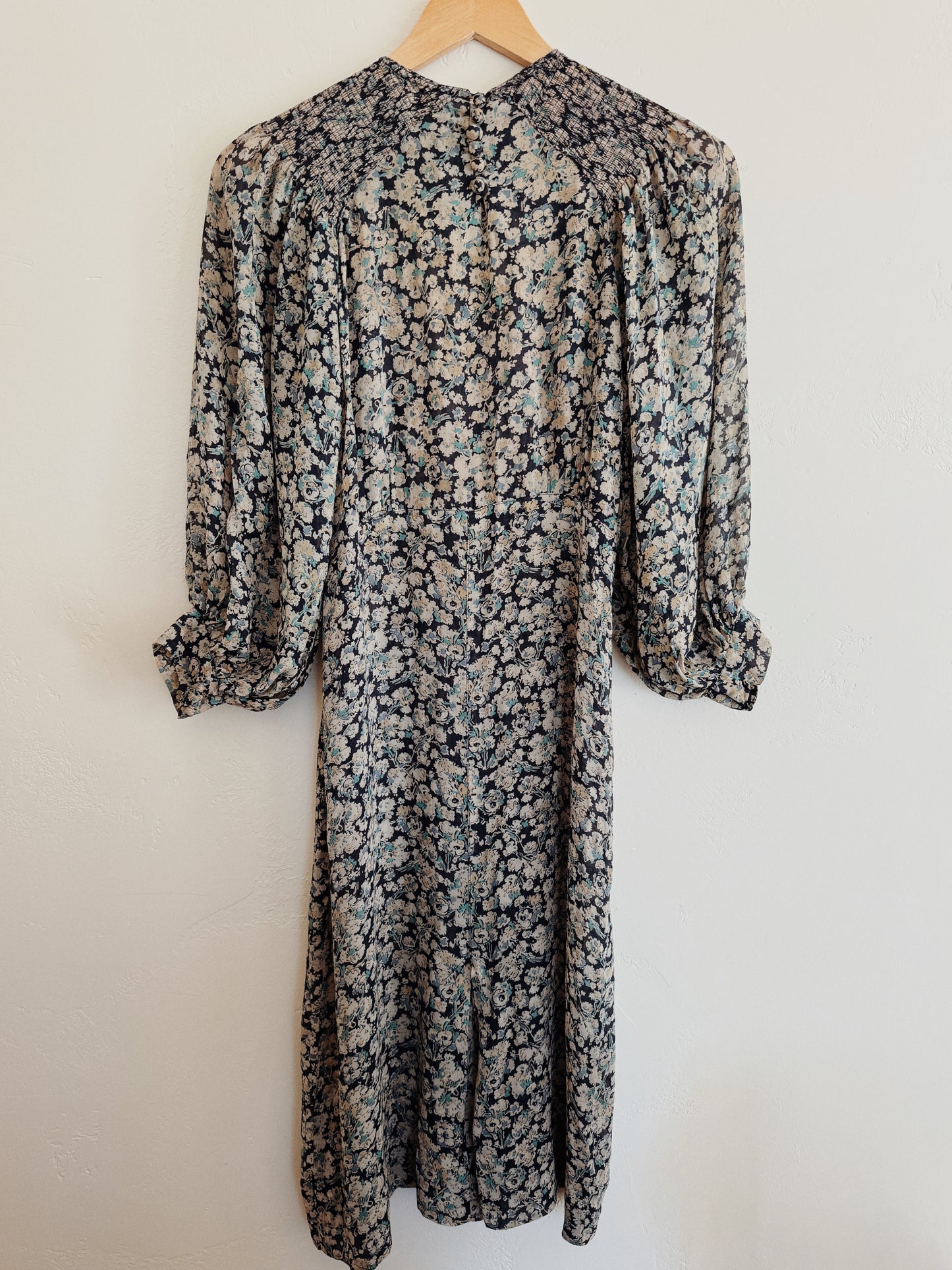 1930s Blue Floral Silk Chiffon Day Dress w/ Balloon Sleeves- S