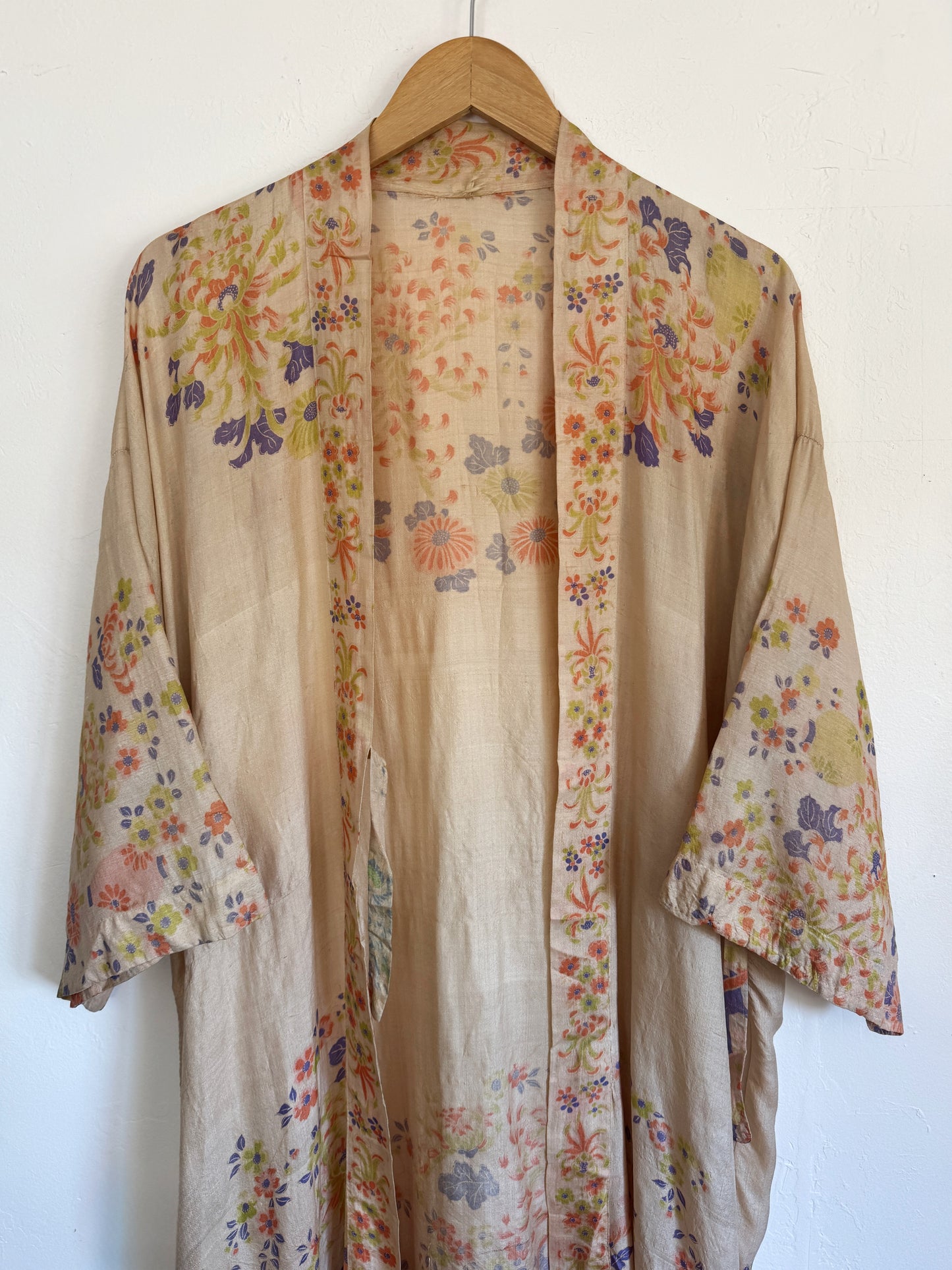 1920s Chartreuse + Periwinkle Pongee Silk Duster Robe
