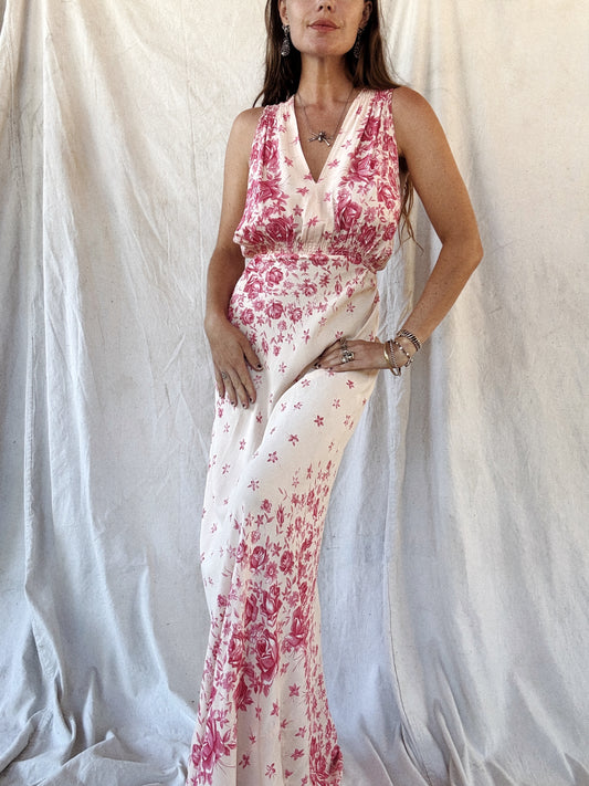 1940s Unique Asymmetrical Rose Printed Slip Dress w/ Tie- M/L