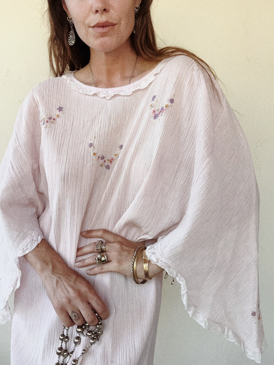 1920s Petal Pink Plissé Pleat Goddess Nightgown- M-L