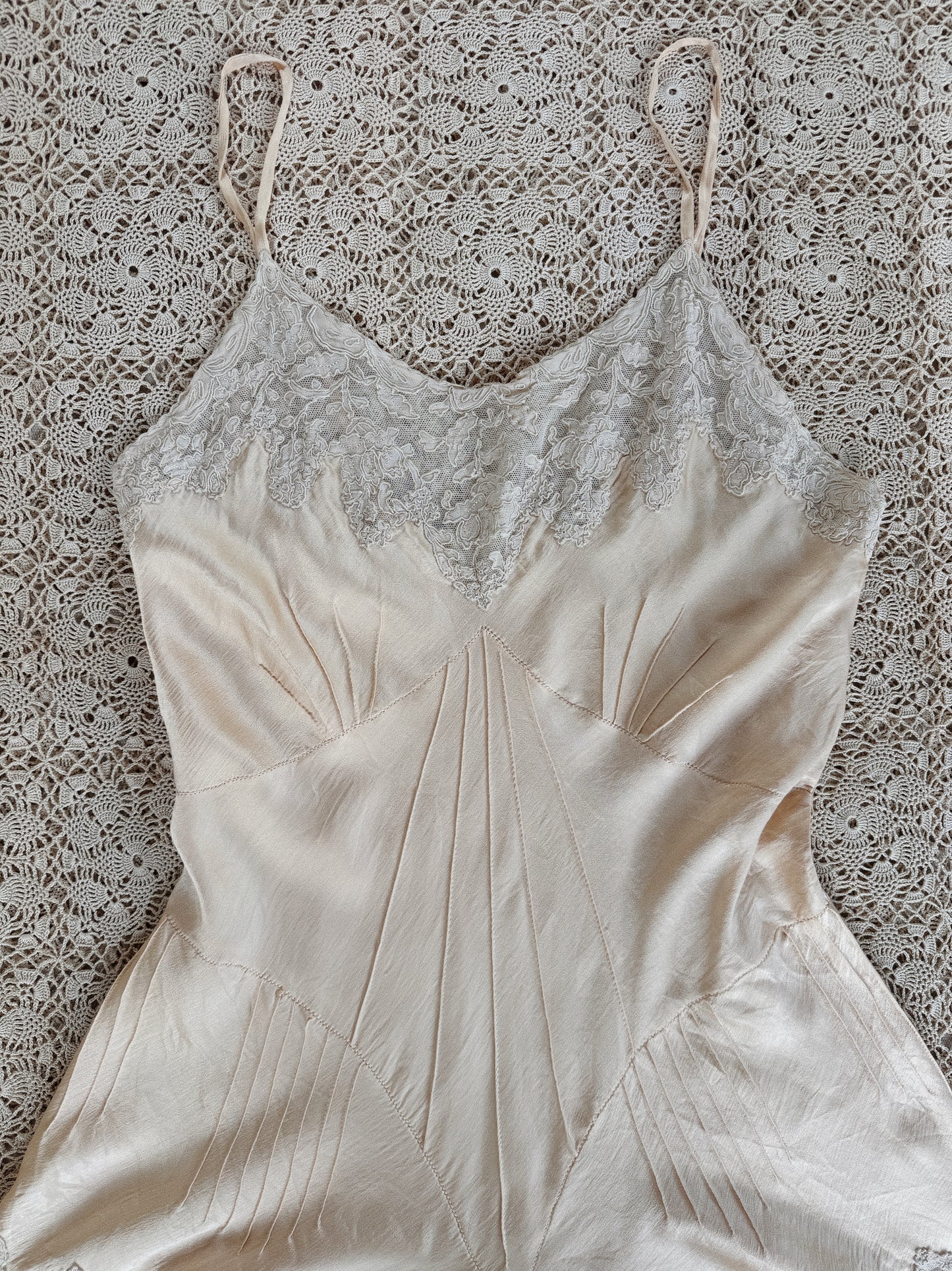 1930s Ivory Charmeuse Silk + French Lace Hand Sewn Step In- XS-S
