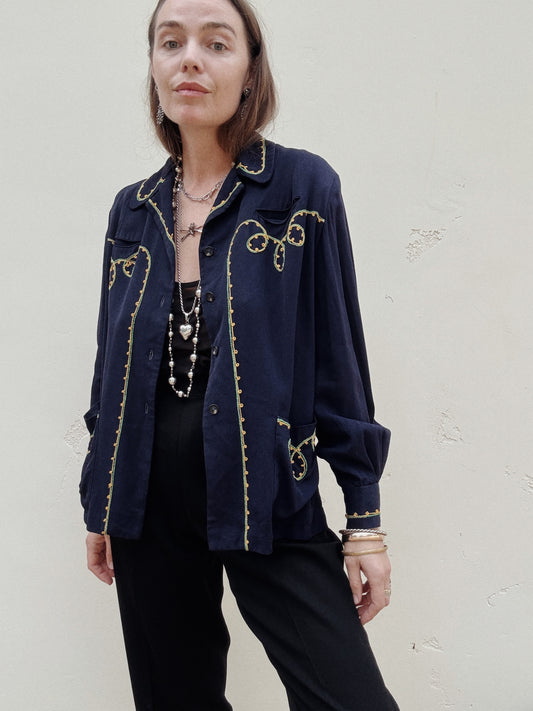 1940s Navy Gabardine Embroidered Western Jacket- S/M-M