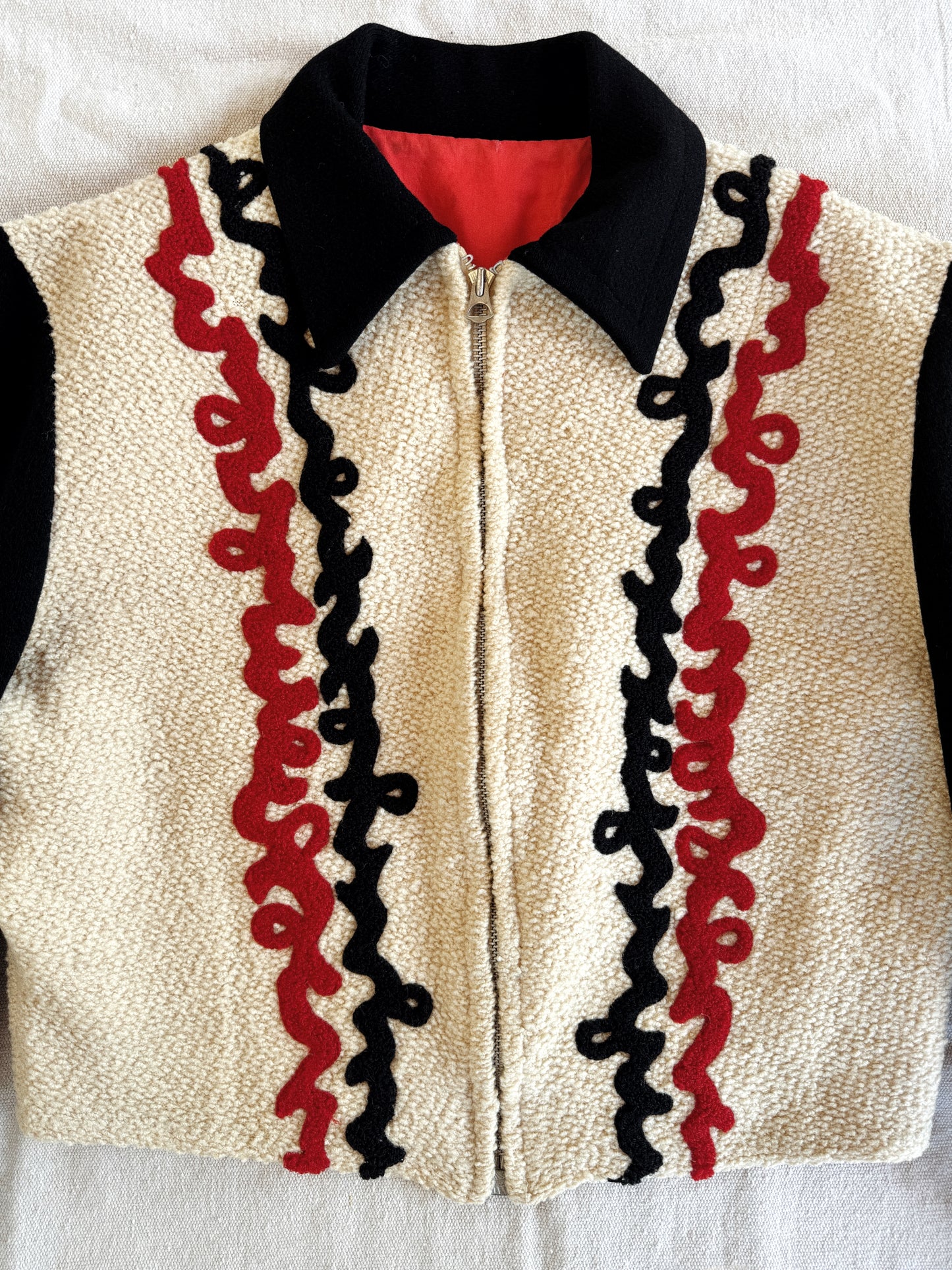 1930s Bouclé + Chenille Cropped Jacket w/ Zipper Front- M