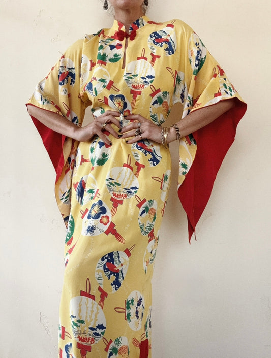 1940s Yellow Cold Rayon Hawaiian Pake Muu Dress- M/L