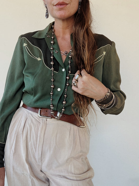 1940s Emerald Tri-Tone Gabardine Western Blouse- M