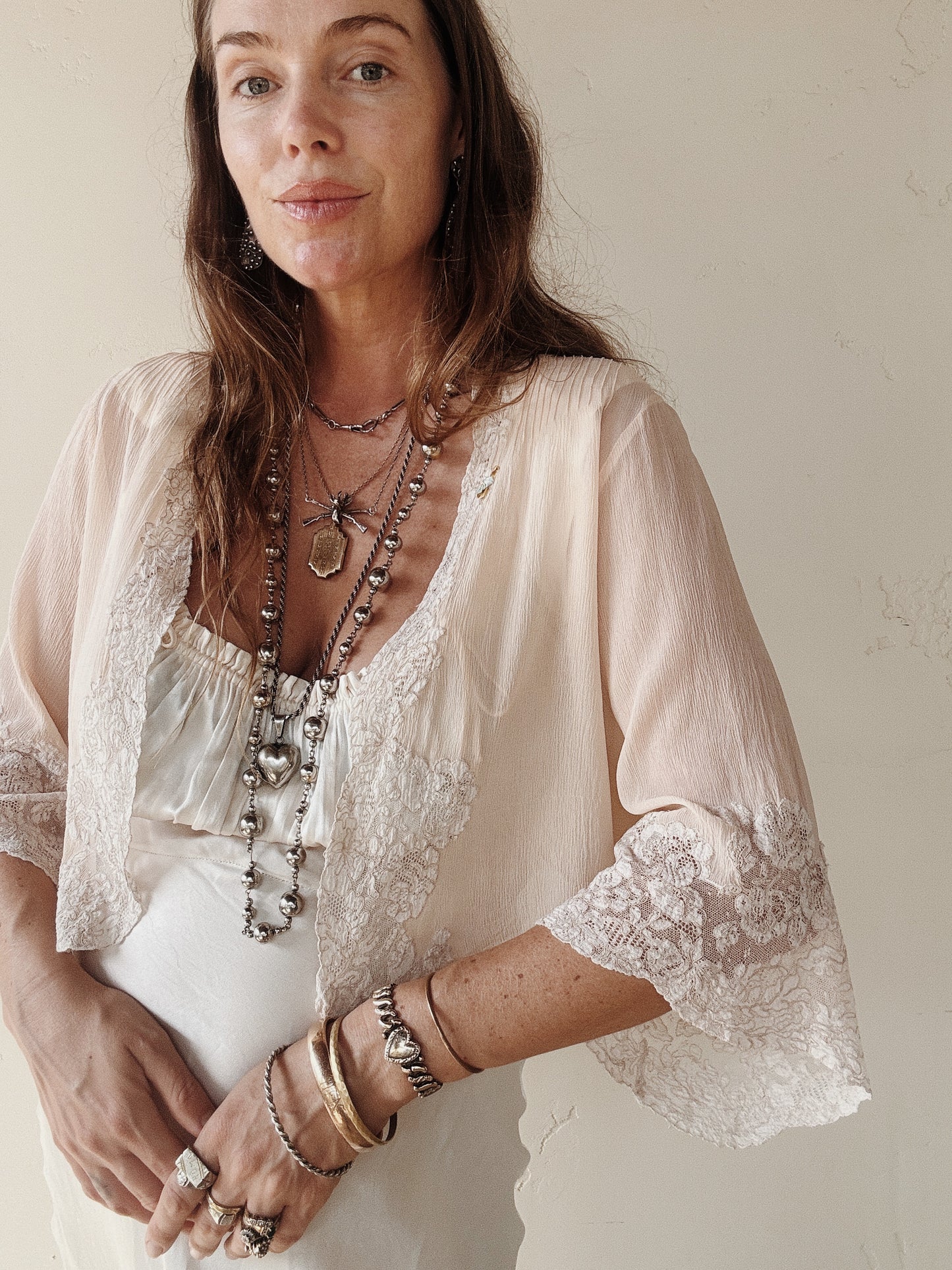 1930s Blush Pink Crinkle Silk Chiffon + Lace Bed Jacket- S-M/L