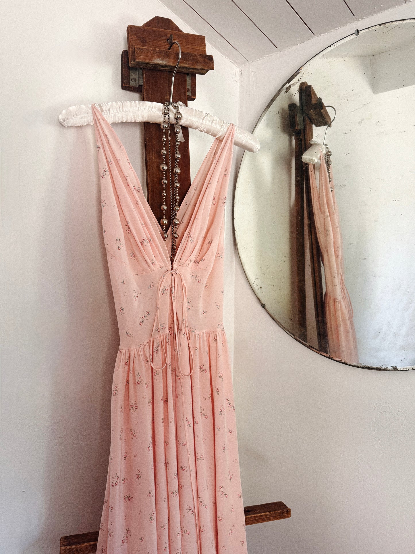 1930s Exquisite Corset Silk Crepe Slip Dress w/ Rose Print- XS-S