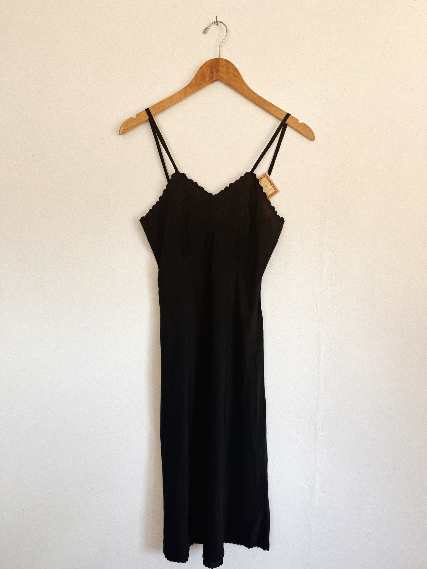1930s/40s Italian Black Silk Slip Dress w/ Floral Embroidery- S-S/M