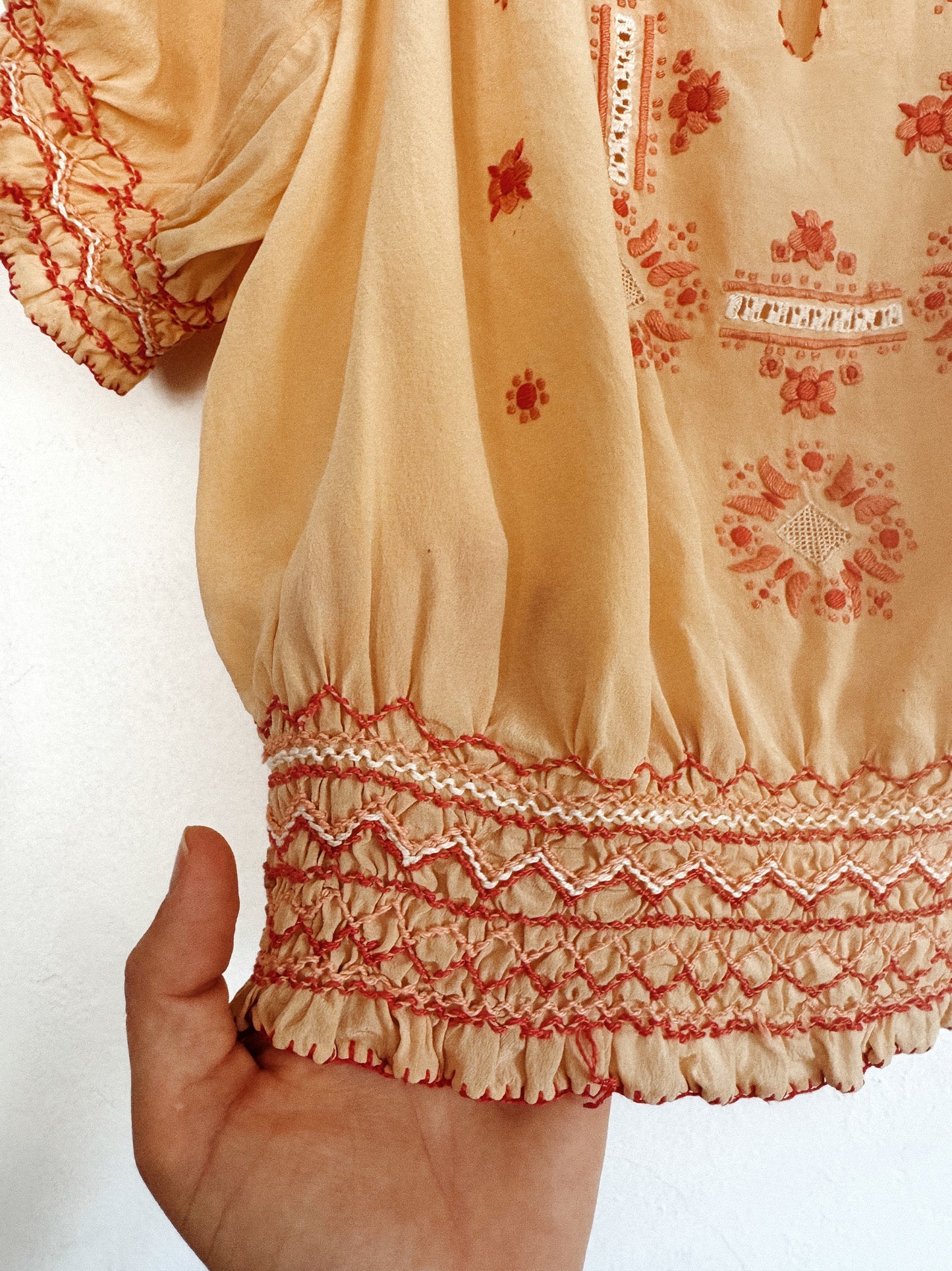 1930s Peach Silk Hungarian Peasant Blouse w/ Floral + Butterfly Embroidery- S/M