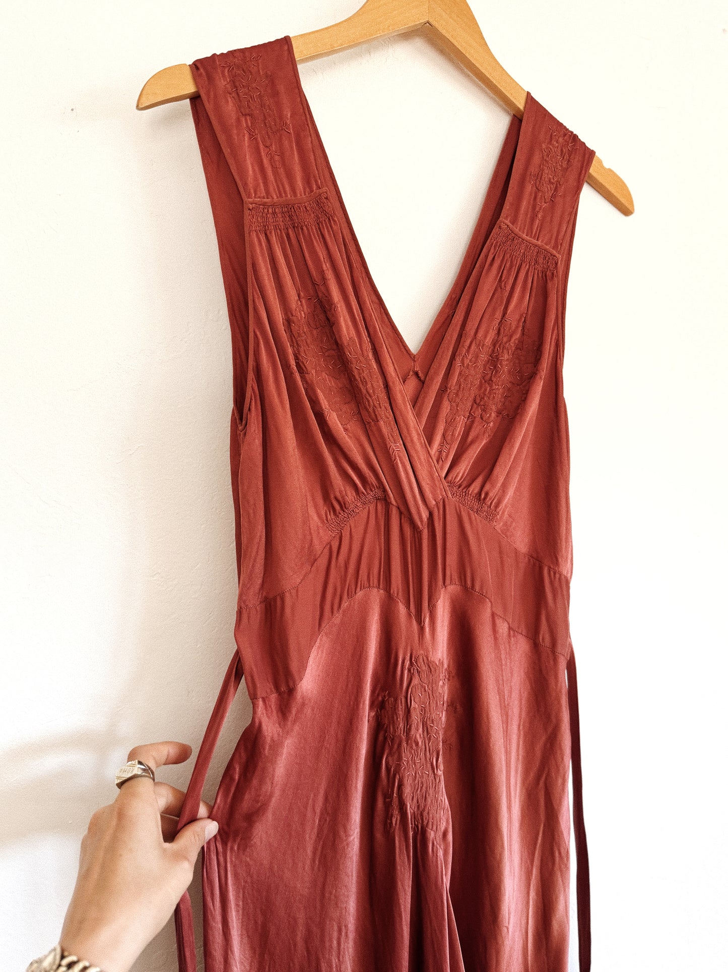 1930s Cocoa Silk Gown w/ Floral Embroidery- S-M