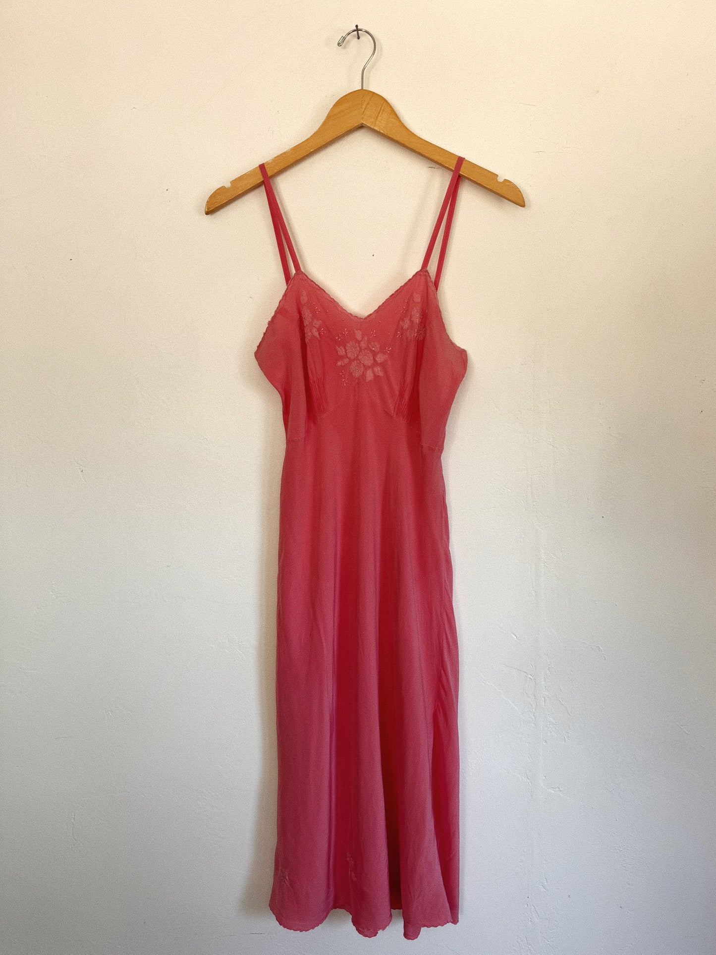 1940s/50s Raspberry Silk Embroidered Floral Slip Dress- S/M