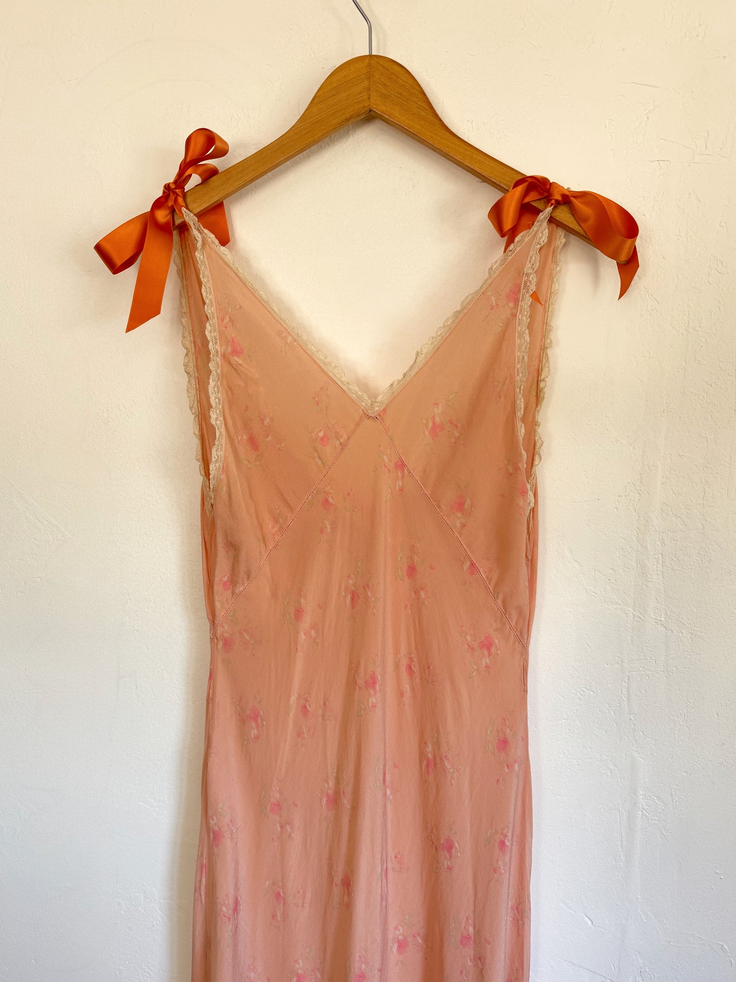 1930s Pink Floral Silk Slip Dress w/ Salmon Bow Straps- S/M-M