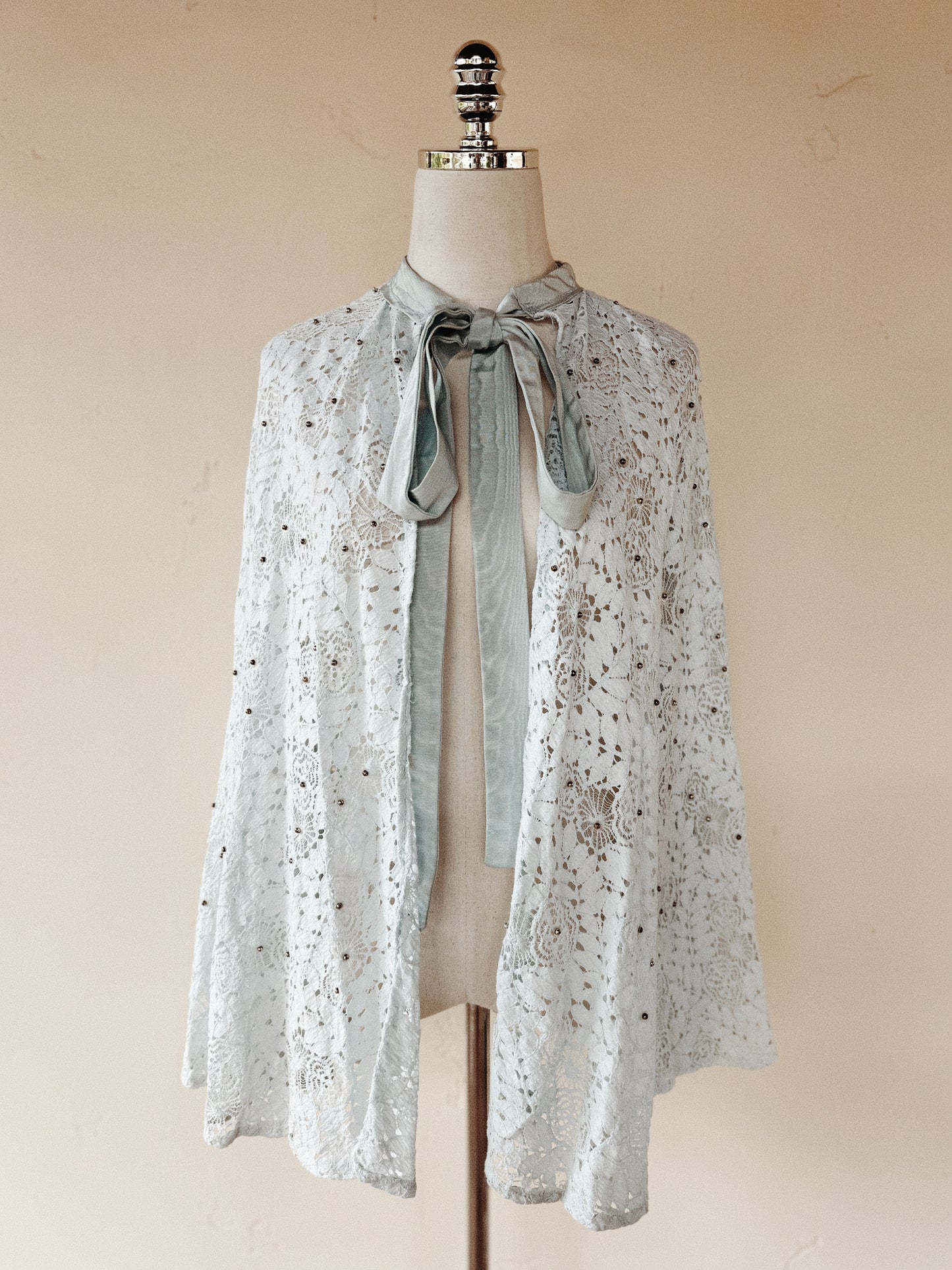 1930s Powder Blue Spider Web Lace Cape w/ Moiré Bow + Silver Ball Beads