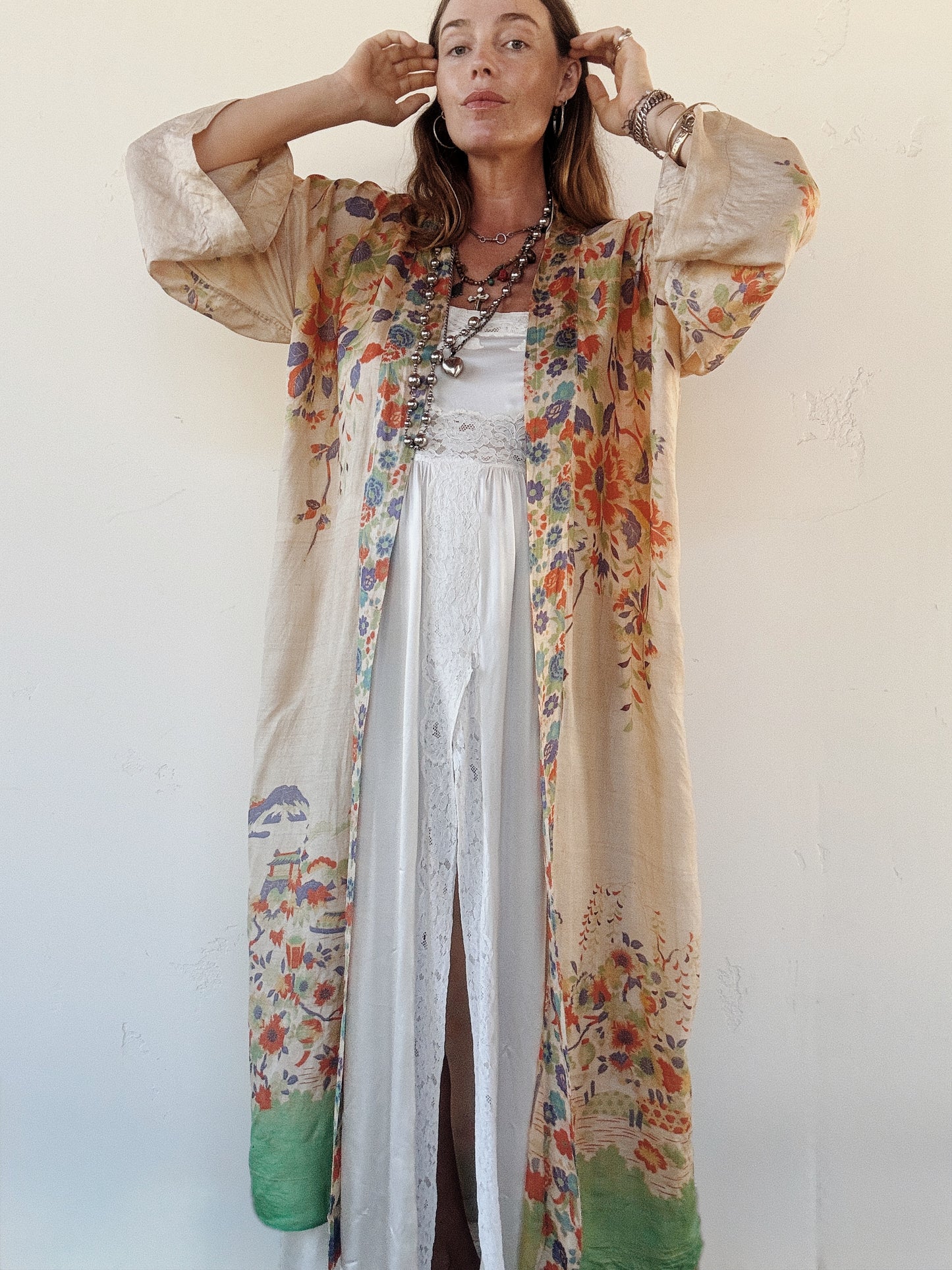 1920s Vibrant Pongee Silk Long Duster Robe