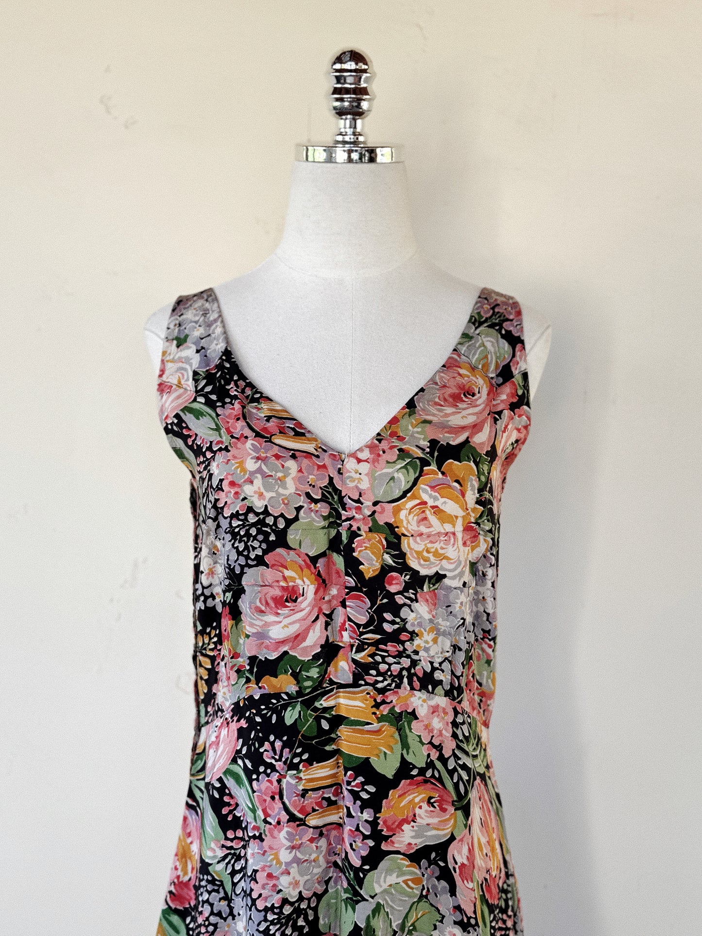 1930s Black Multicolor Floral Silk Gown w/ Mesh Trim- S/M