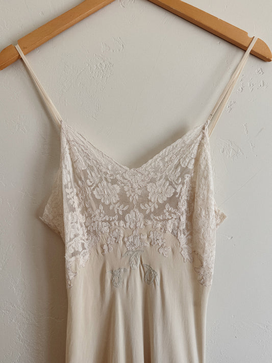 1930s White Silk + Lace Slip Dress w/ Appliqués- XS