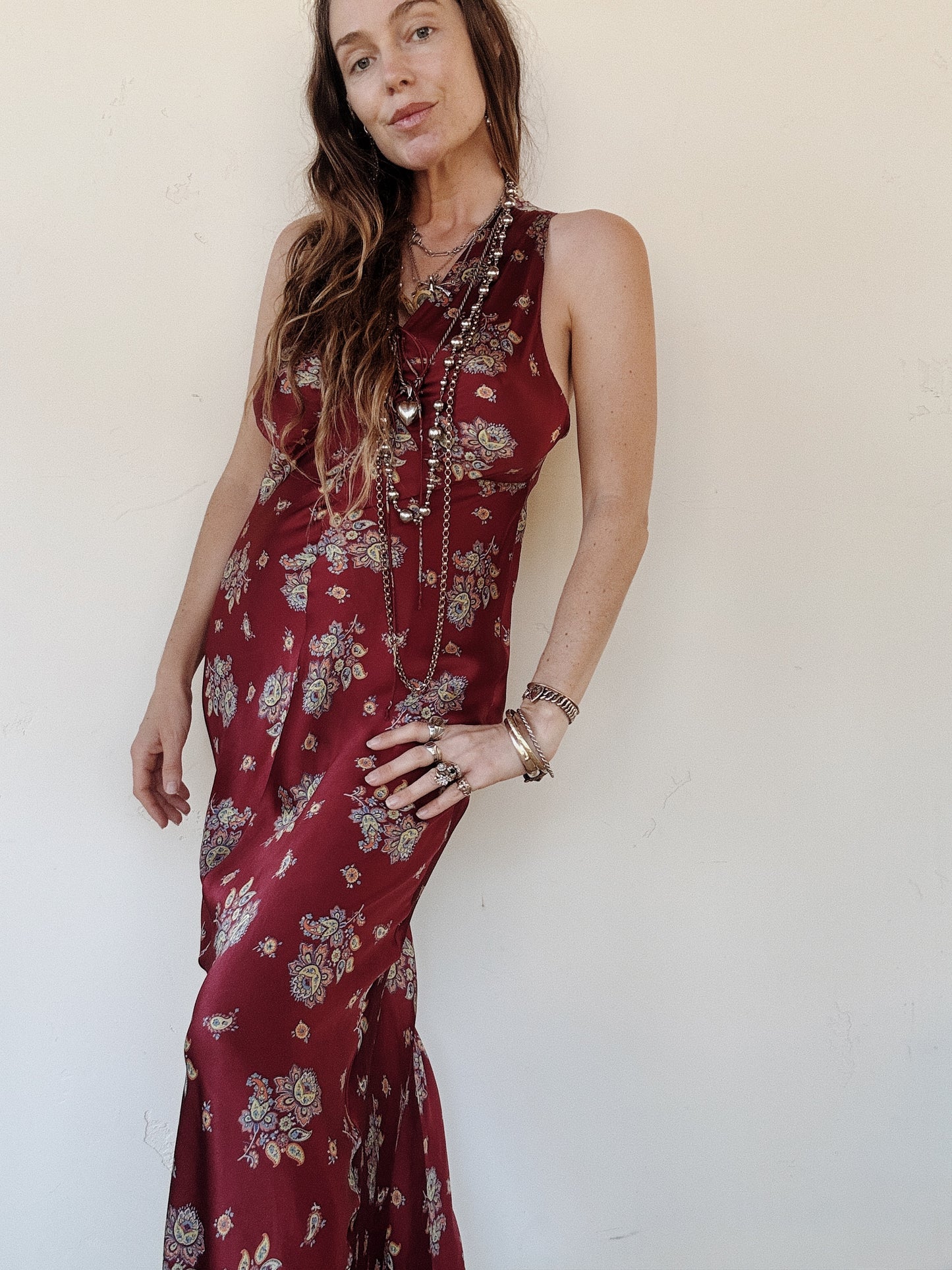 1940s Cabernet Paisley Silk Printed Slip Dress- M