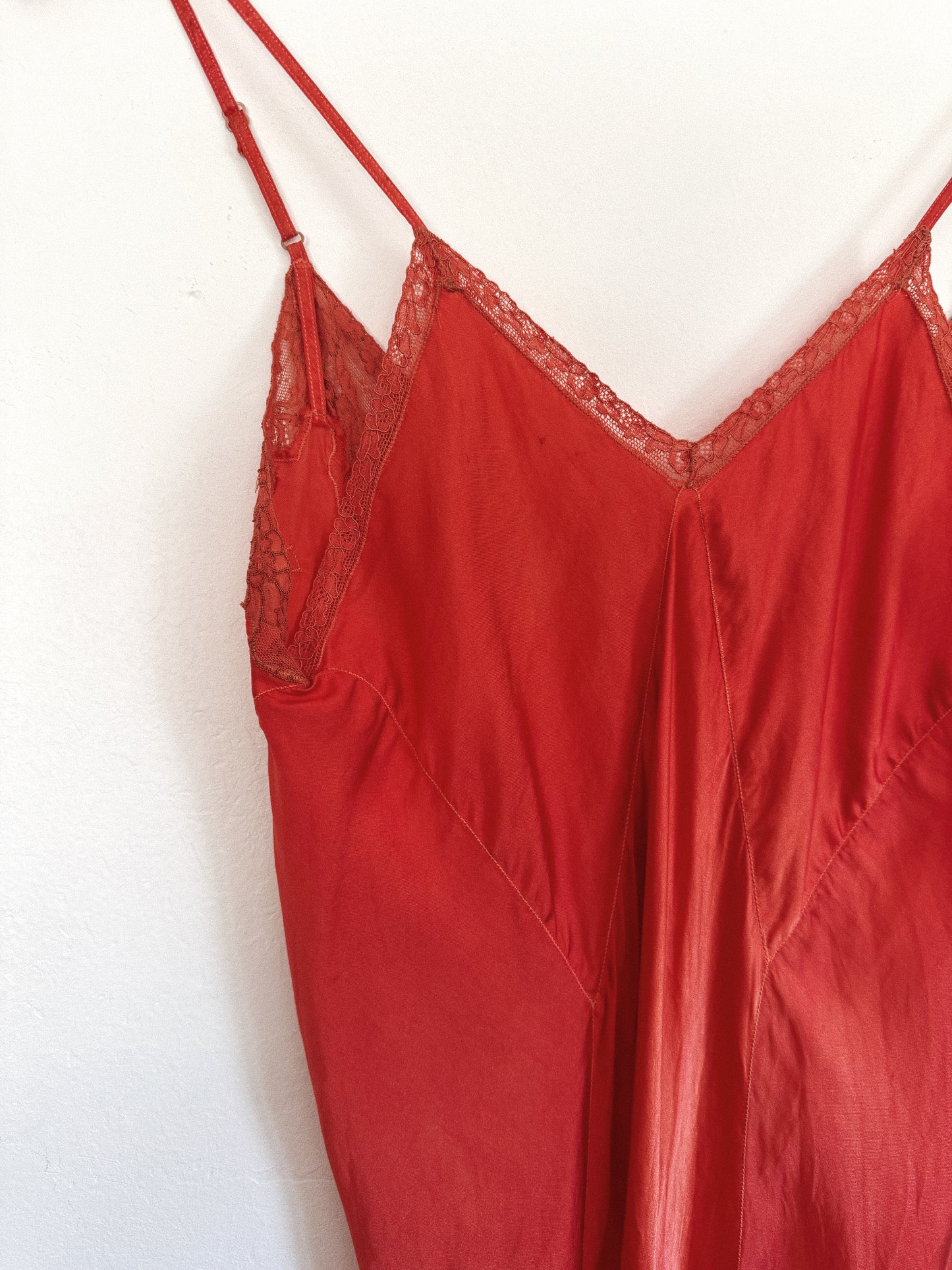 1940s Campari Satin + Lace Spaghetti Slip Dress- S