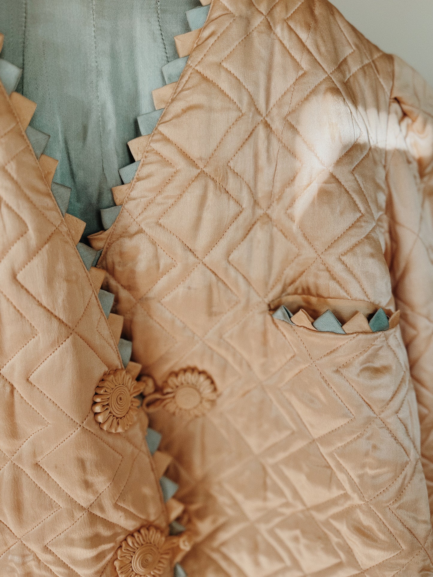 1940s Pastel Pink + Blue Silk Rayon Quilted Lounge Jacket w/ Sawtooth Detail- S/M