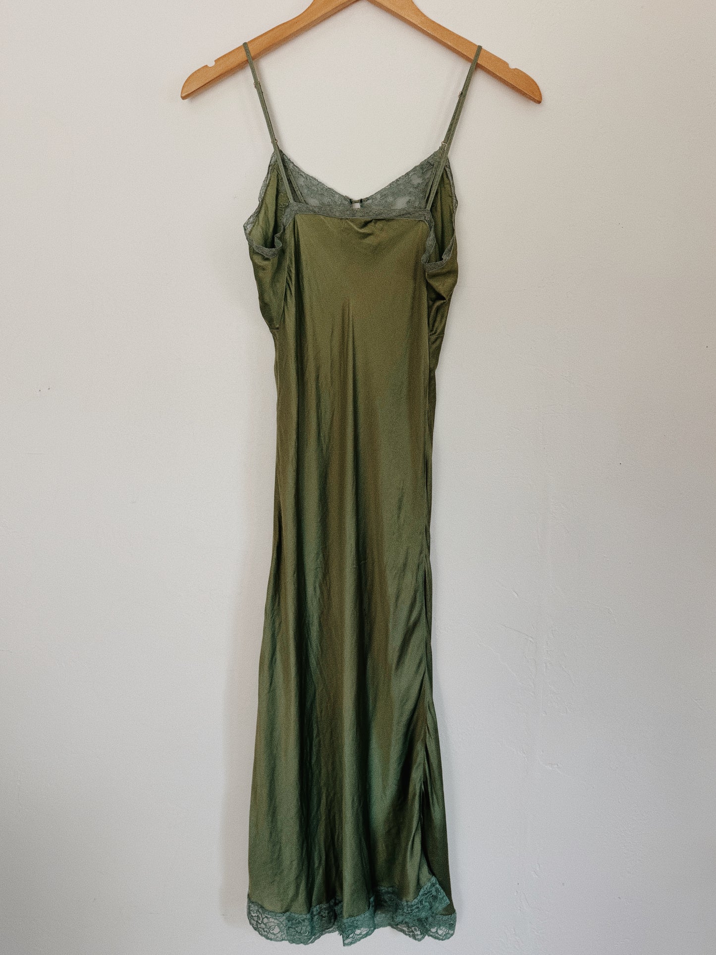 1940s Moss Green Silk Spaghetti Slip Dress w/ Lace Trim- S