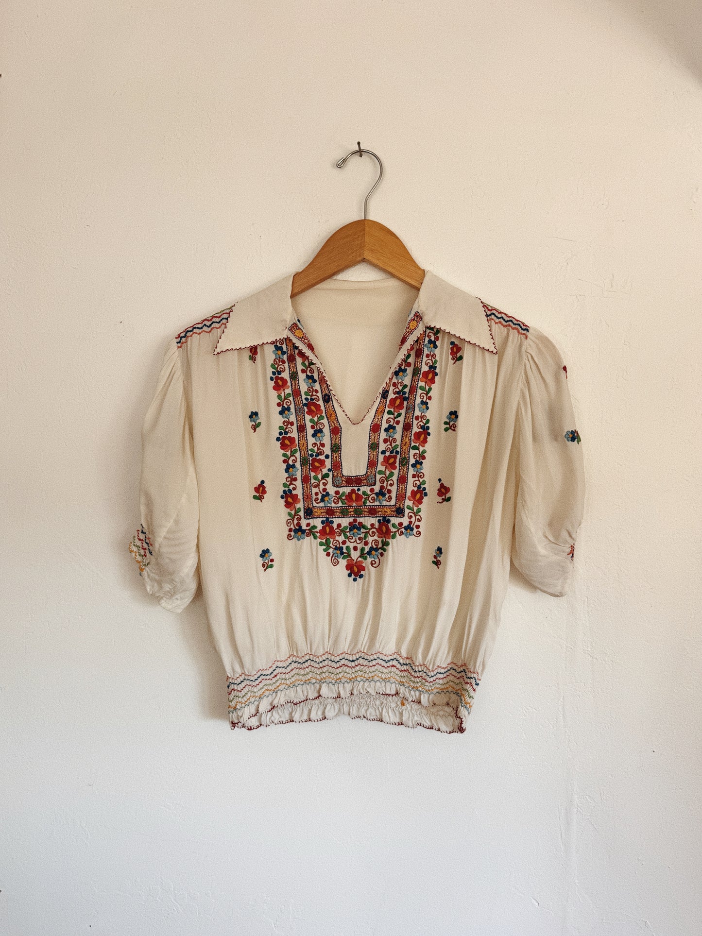 1930s/40s Embroidered Rayon Hungarian Peasant Blouse- S/M-M