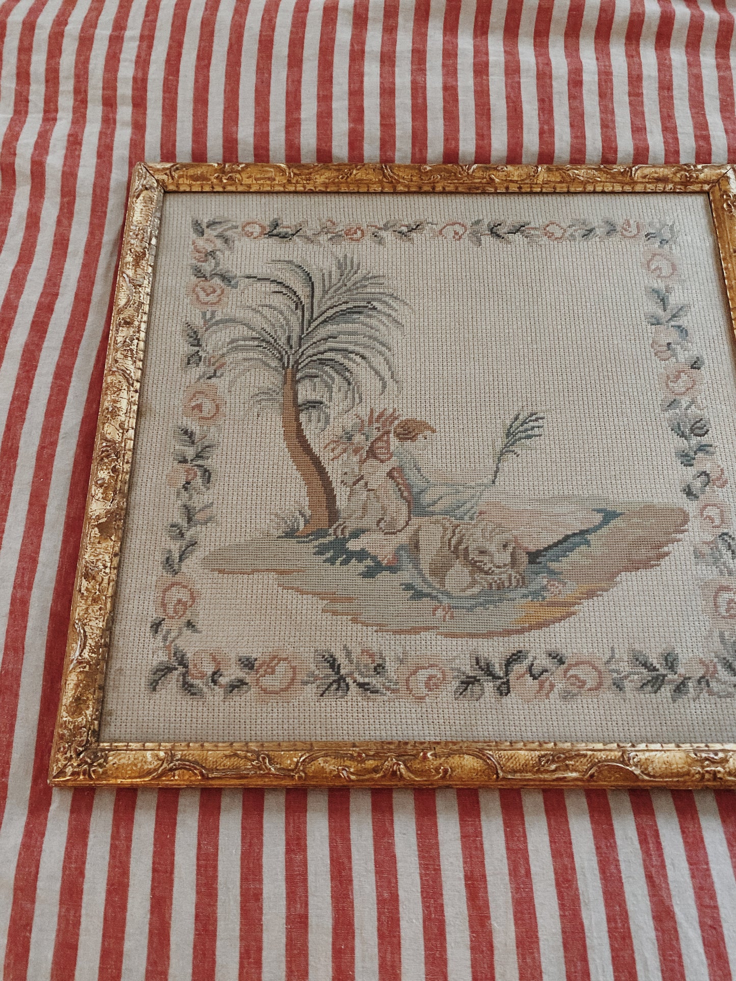 Vintage Needlepoint Tapestry in French Style Gilded Frame- 21x22”