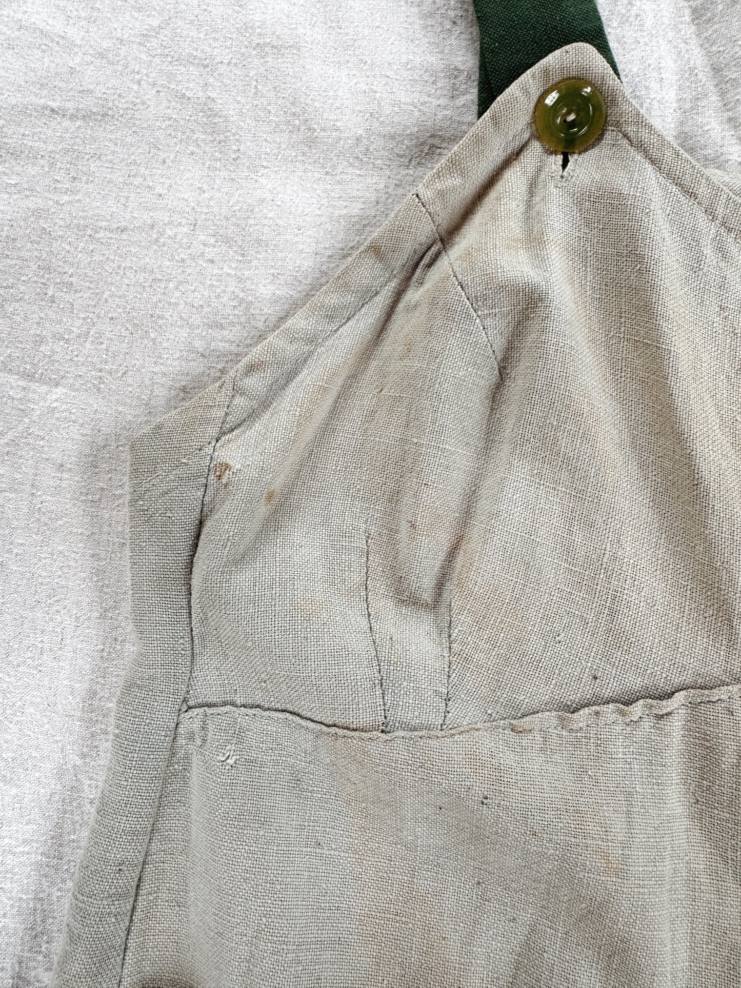 1930s Mint Green Linen Embroidered Vacation Overalls- S/M