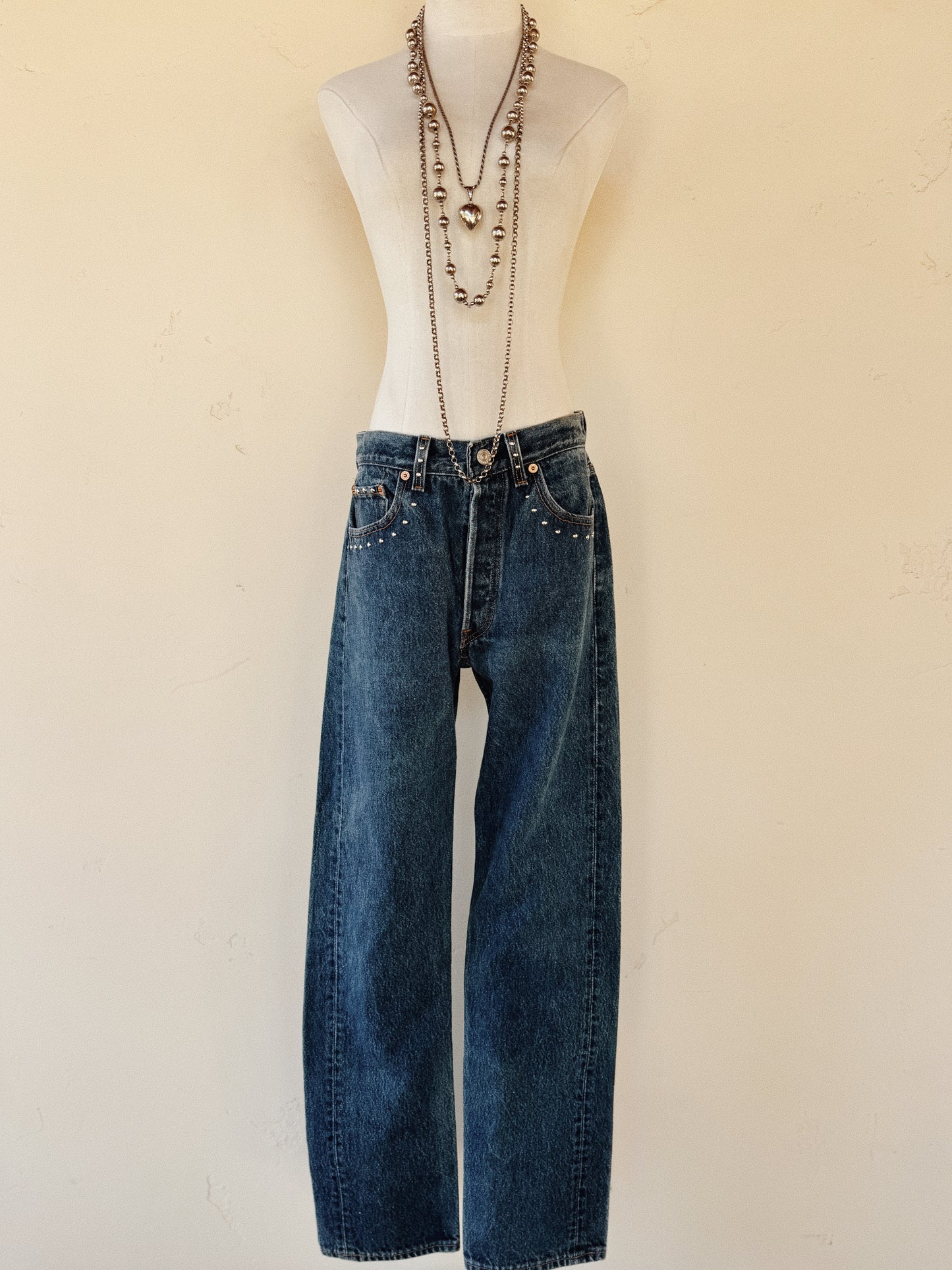 1990s Vintage Medium Wash Studded Levi’s 501s- 32” Waist