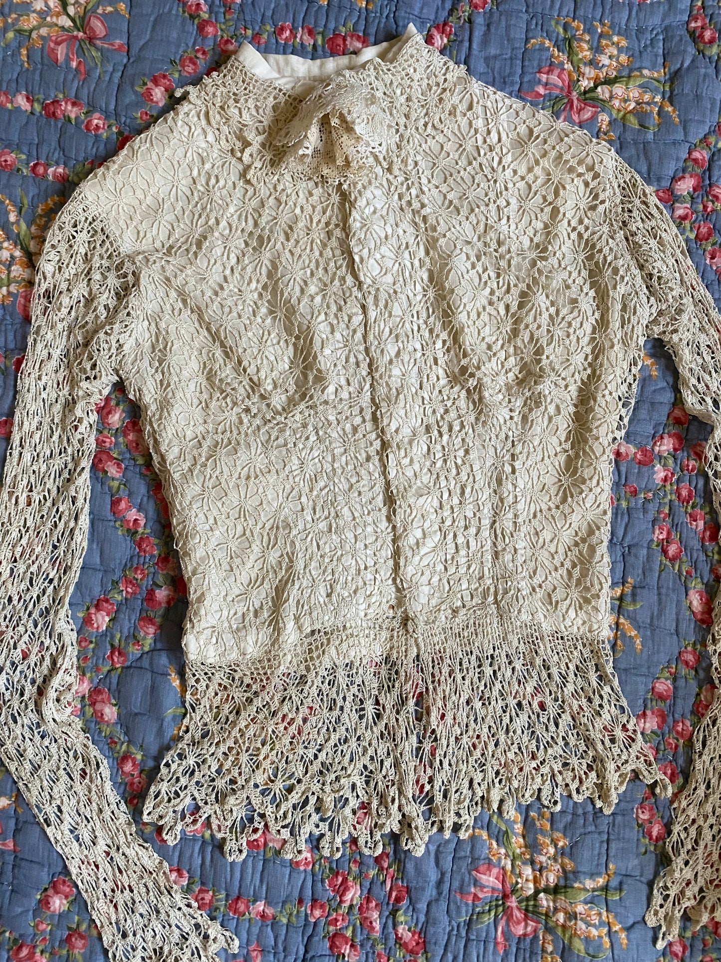 Antique Edwardian Crocheted Bodice Blouse w/ Peplum + Rosette- S