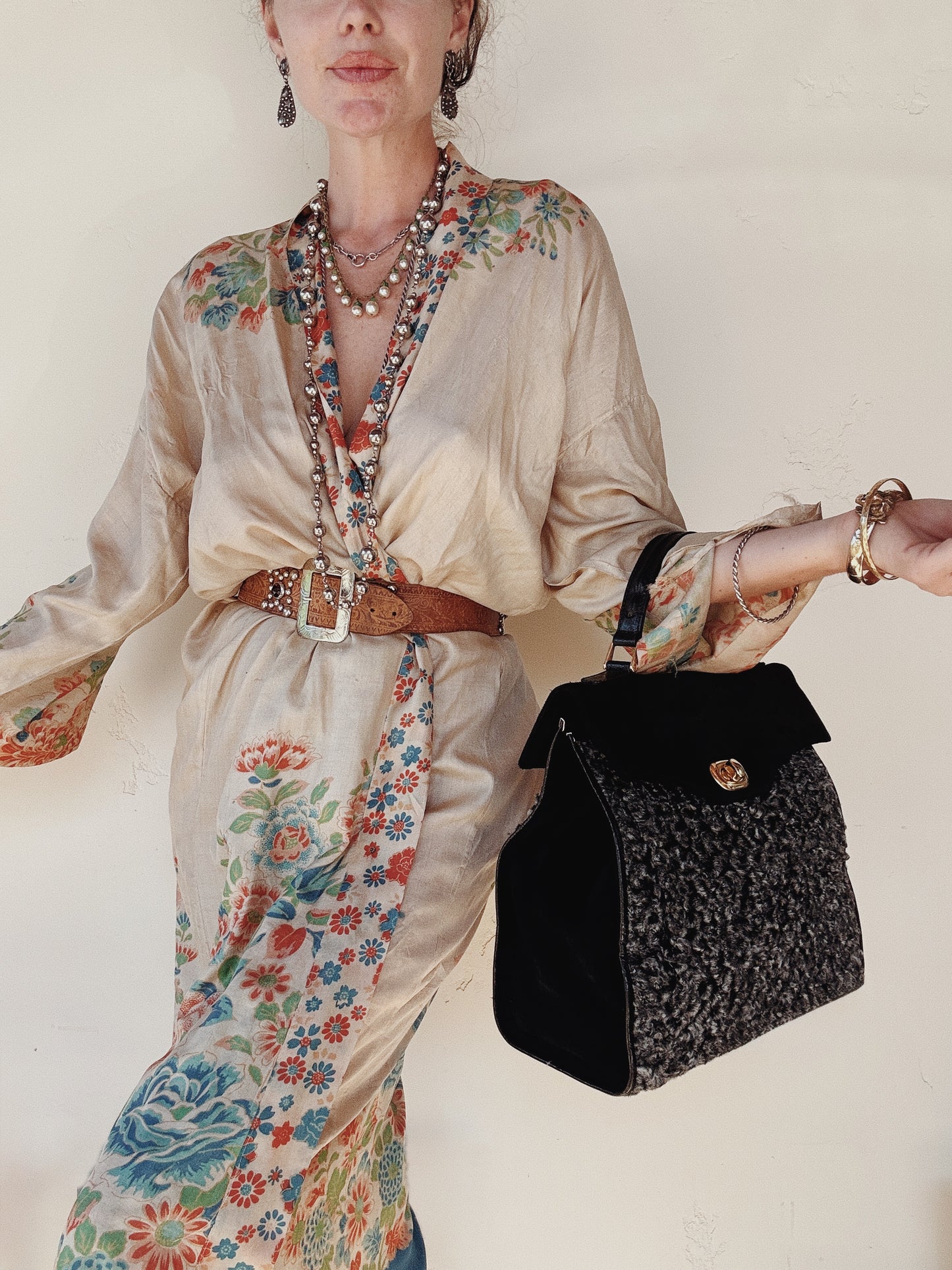 1970s Black Suede + Curly Lamb Jumbo Top Handle Bag